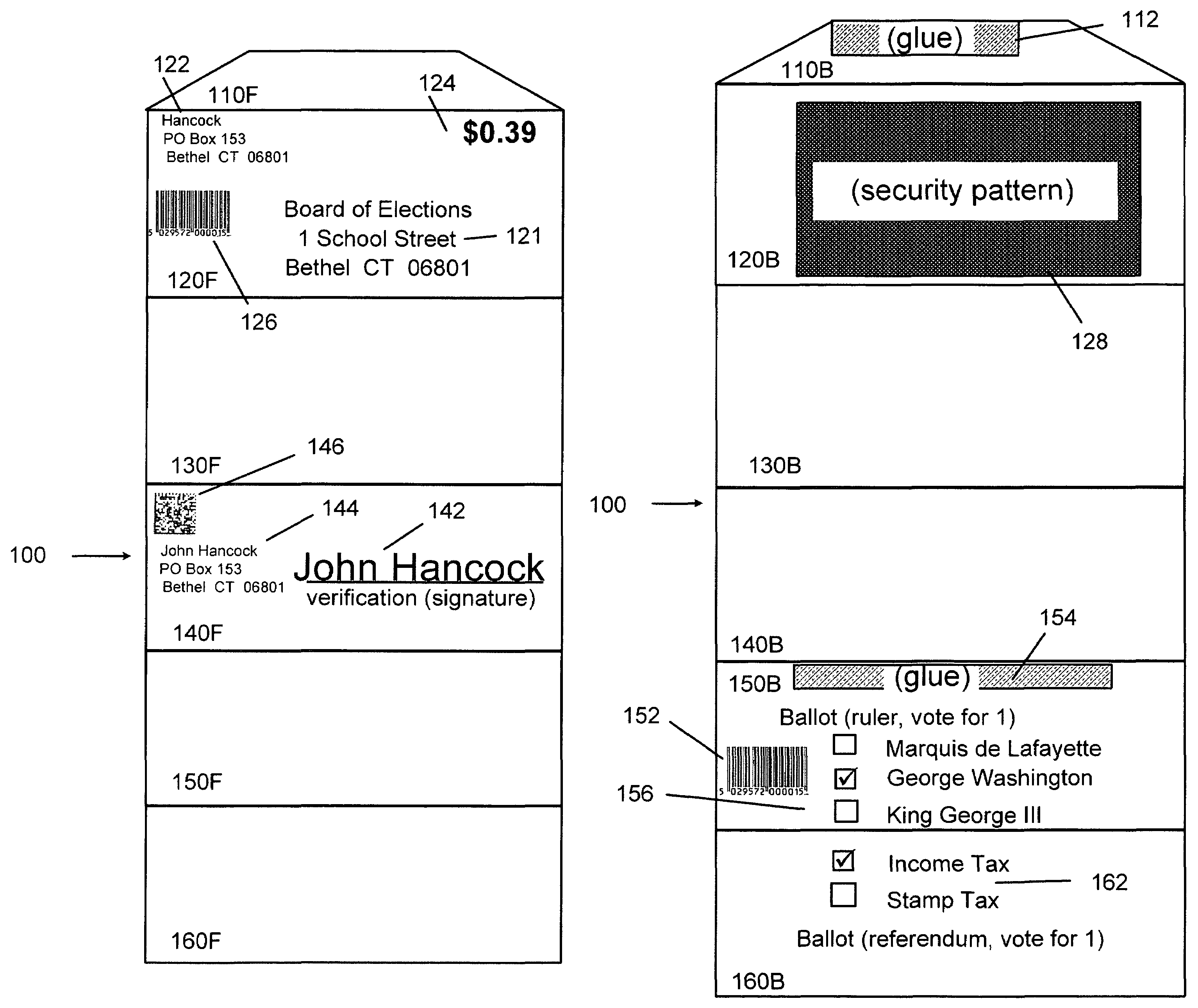 Integrated ballot and voting envelope with voter verification security