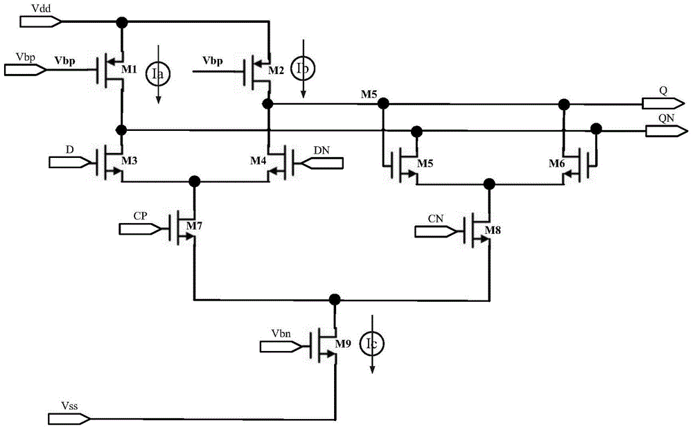 Divide-by-two frequency divider circuit based on current mirror switching logic