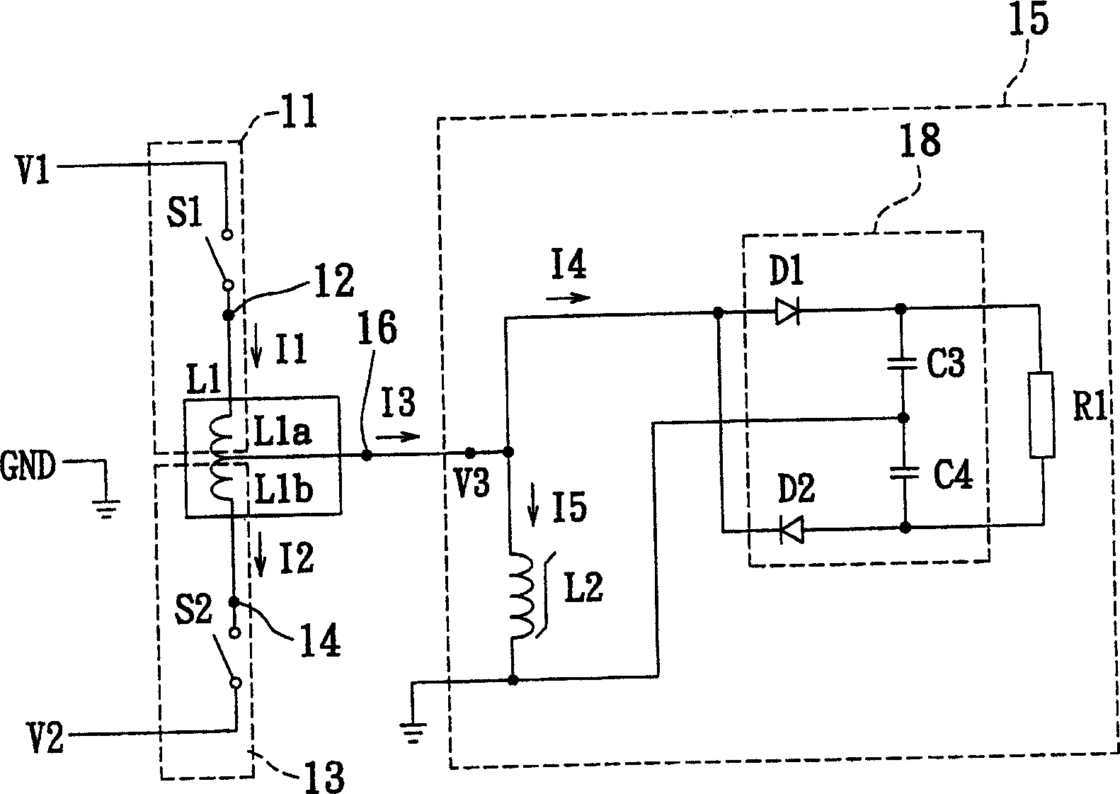 Switching type power switching circuit and saturable transformer