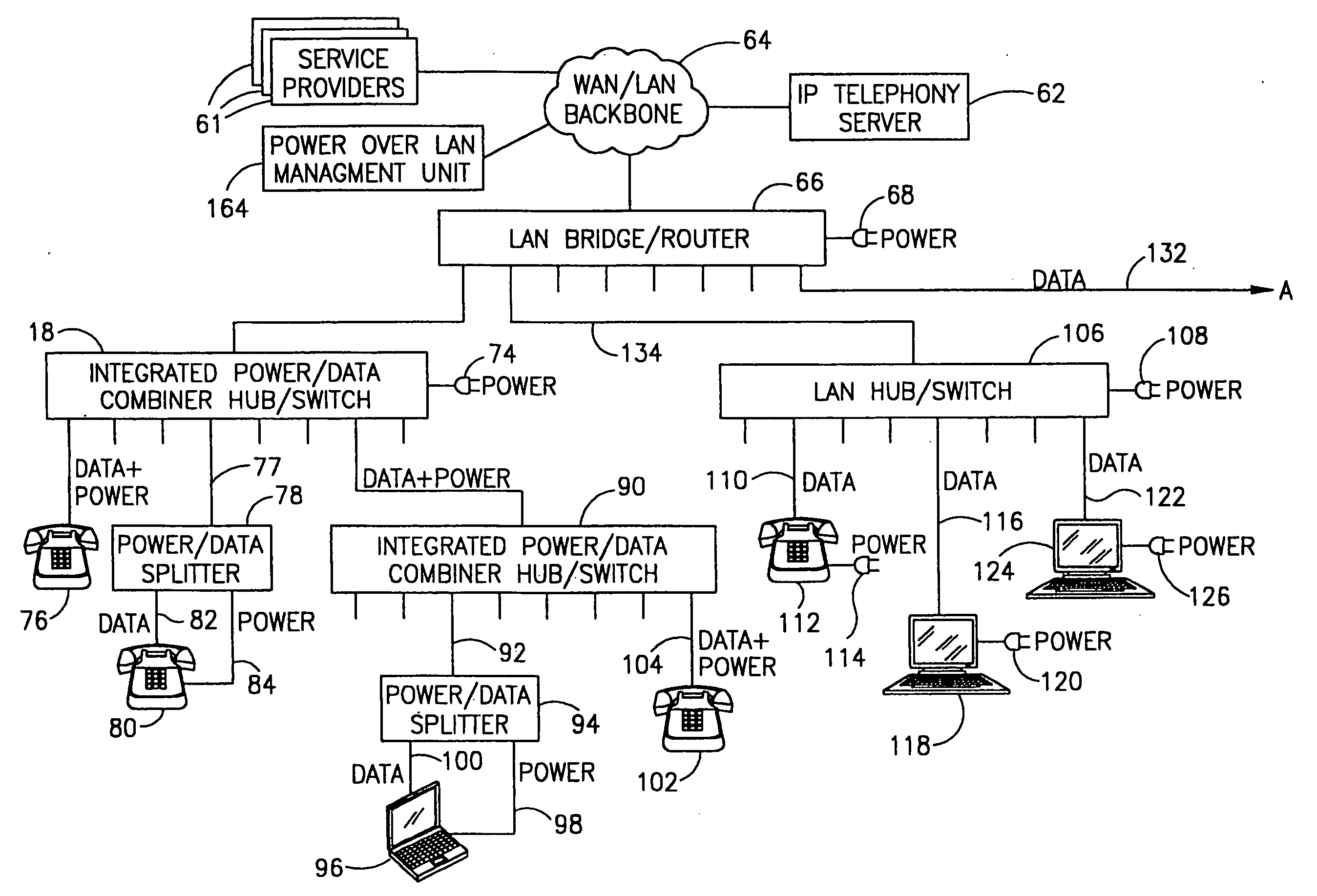 Combiner for power delivery over data communication cabling infrastructure