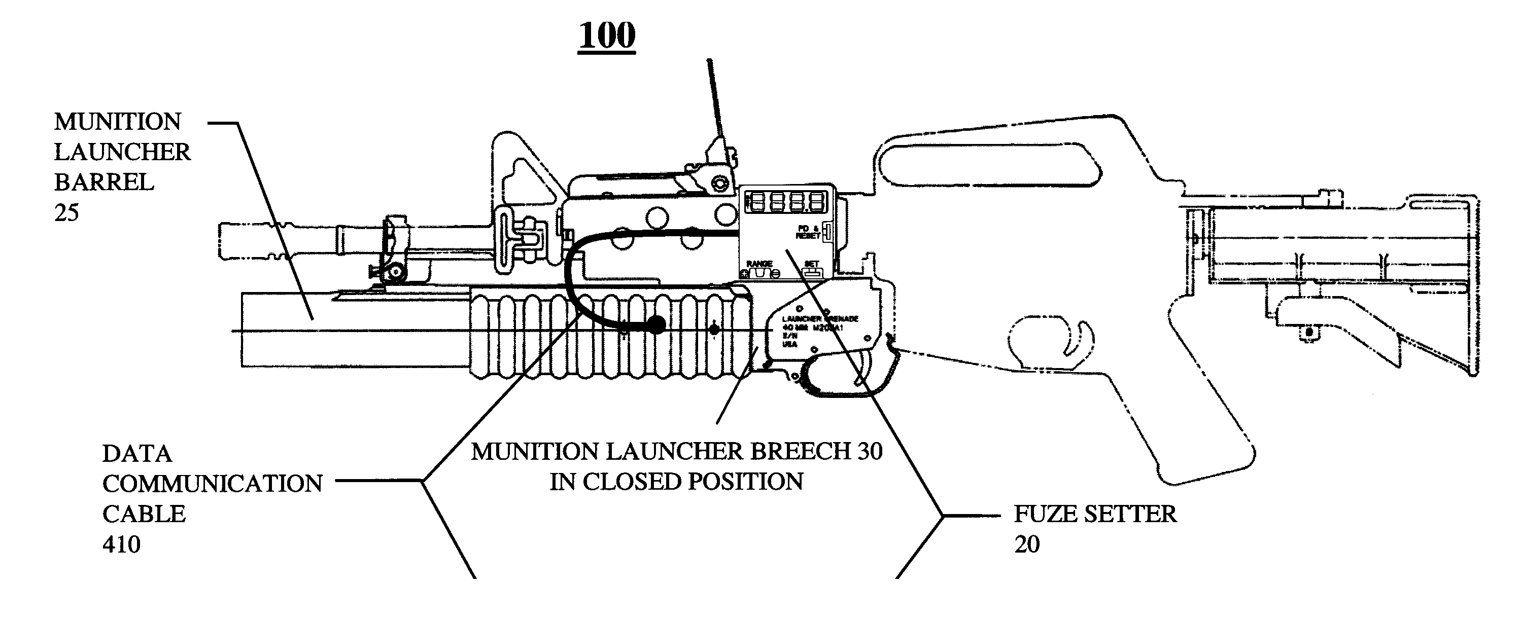 Low velocity air burst munition and launcher system implemented on an existing weapon