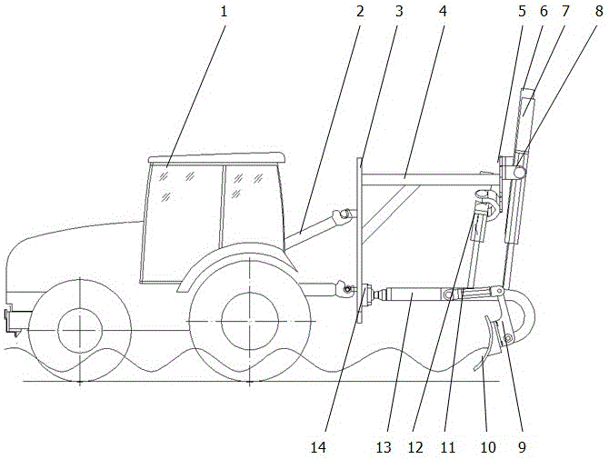 A paddy field leveling device with a connecting rod mechanism composed of a spherical joint and a hydraulic cylinder