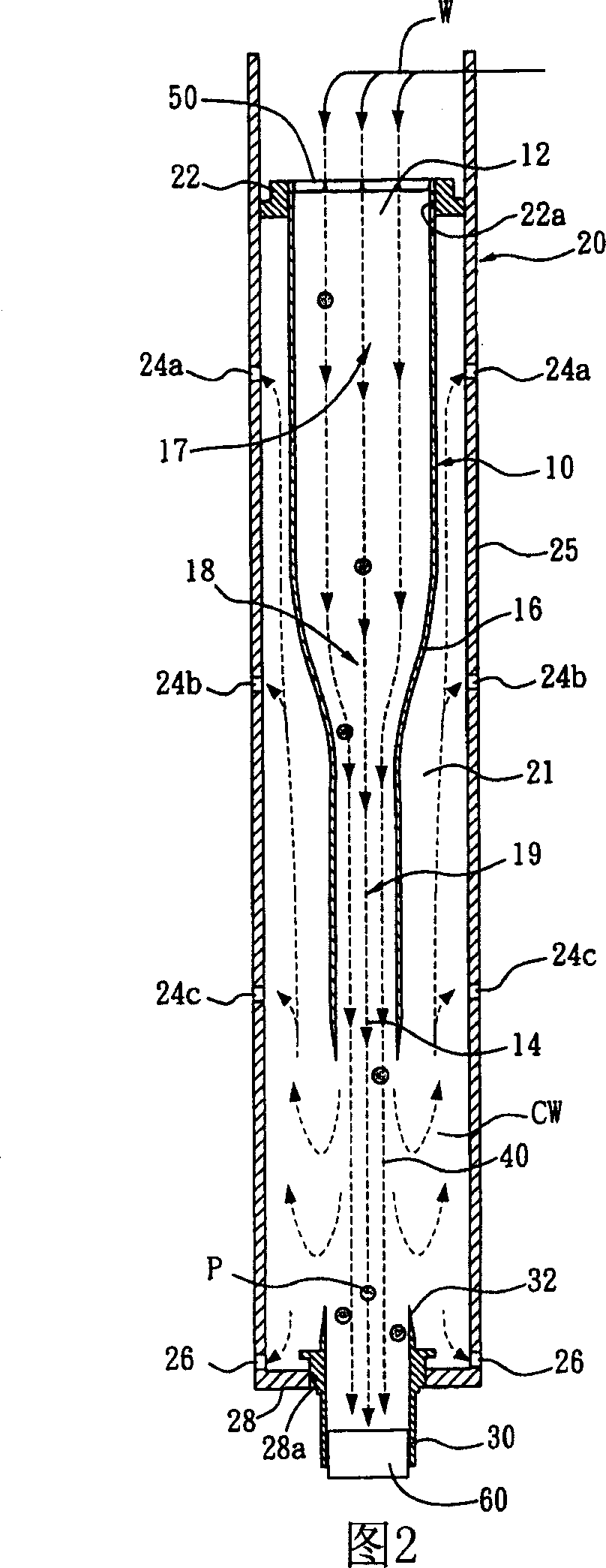 Turbid water particles acceleration, sedimentation and separation device and method