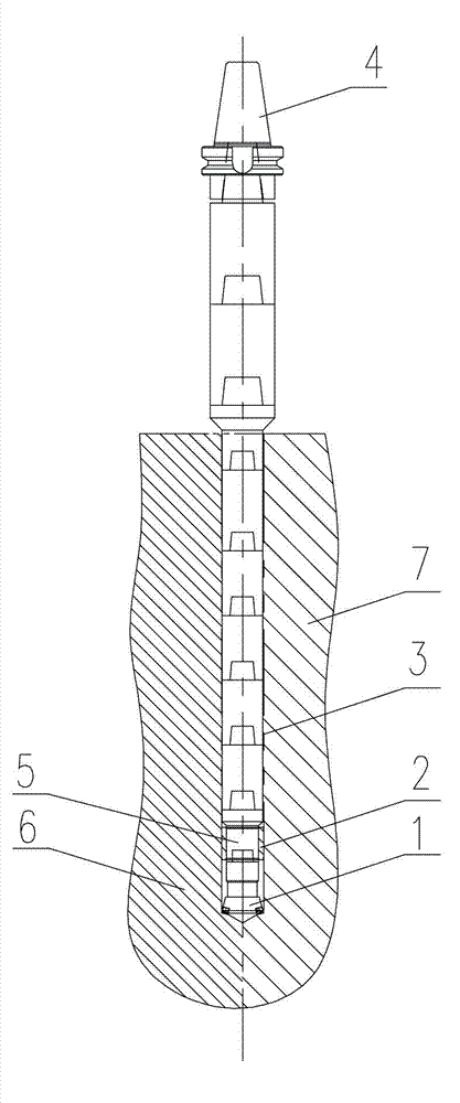 Processing method for phi 52H7*850 deep hinge pin keyhole at matched position of parts of different materials