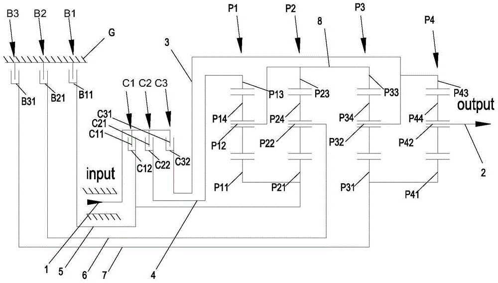 Multi-gear transmission with planet gear structure mode