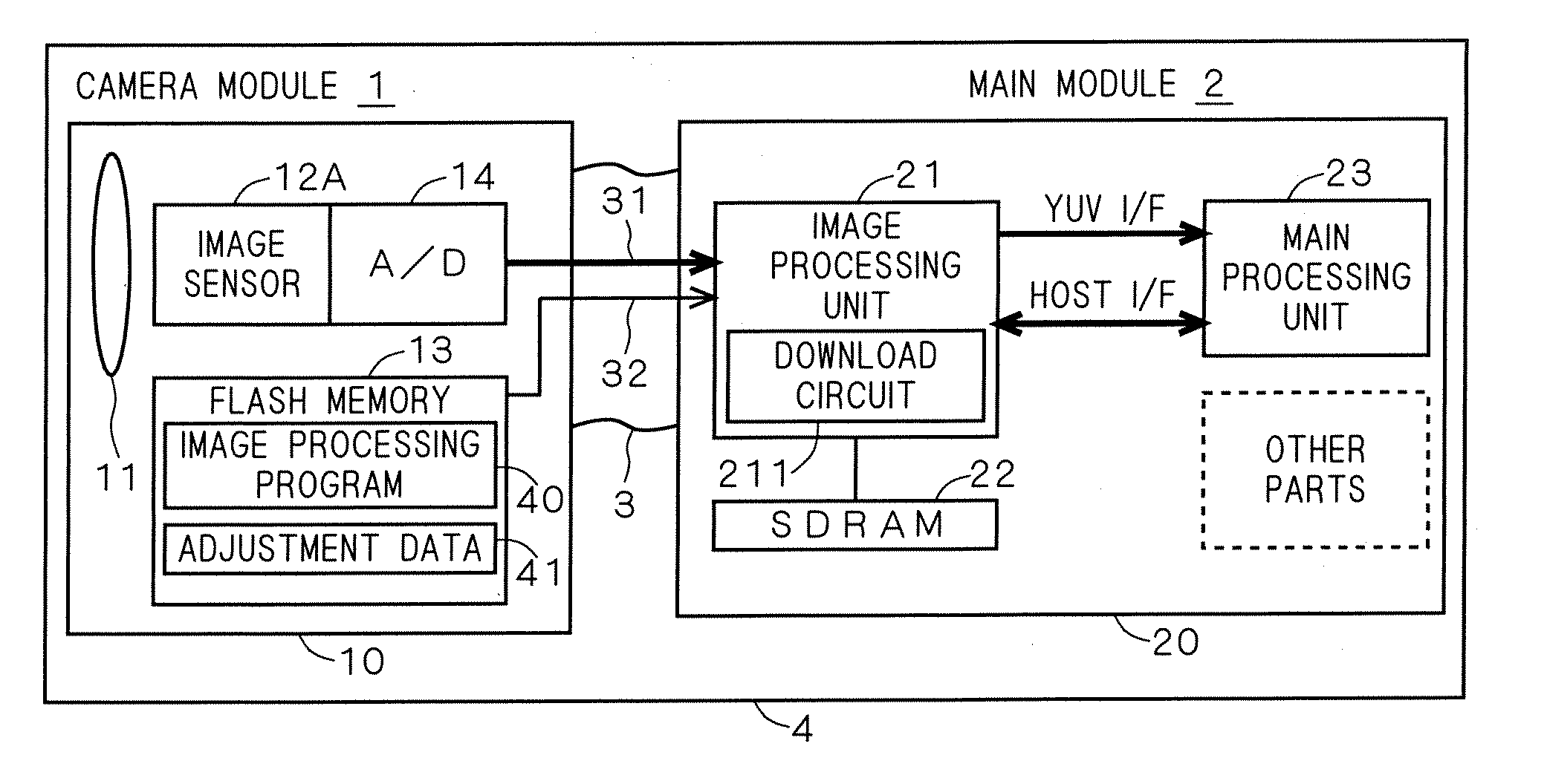 Electronic device with camera and main module incorporated in electronic device with camera
