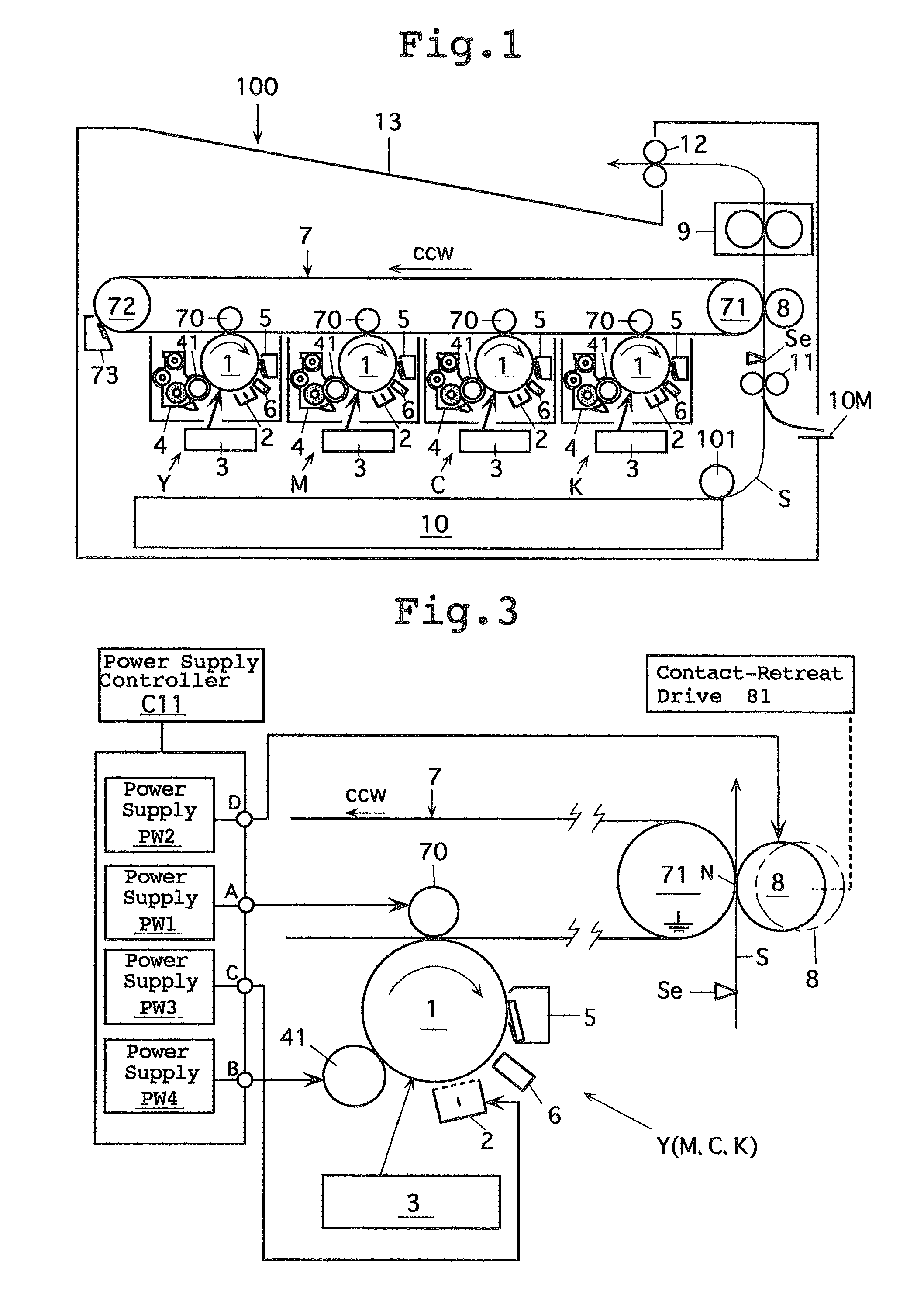 Image forming device and method for controlling a power supply for transfer