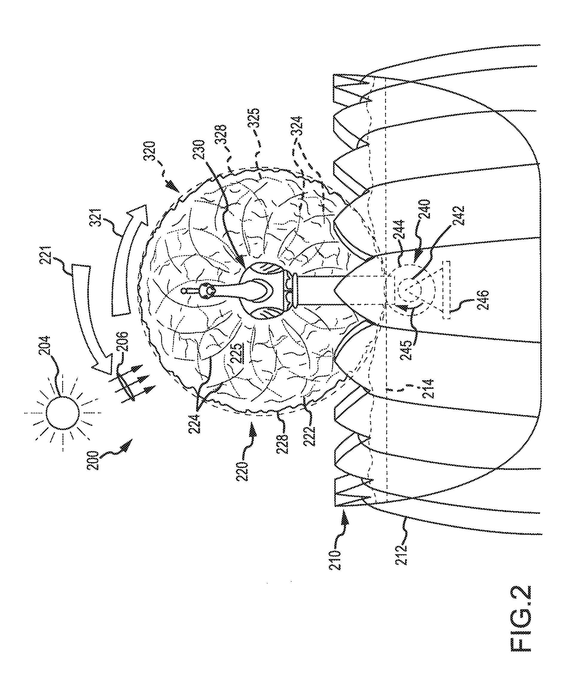 Waterless system for providing fan-shaped fountain effect