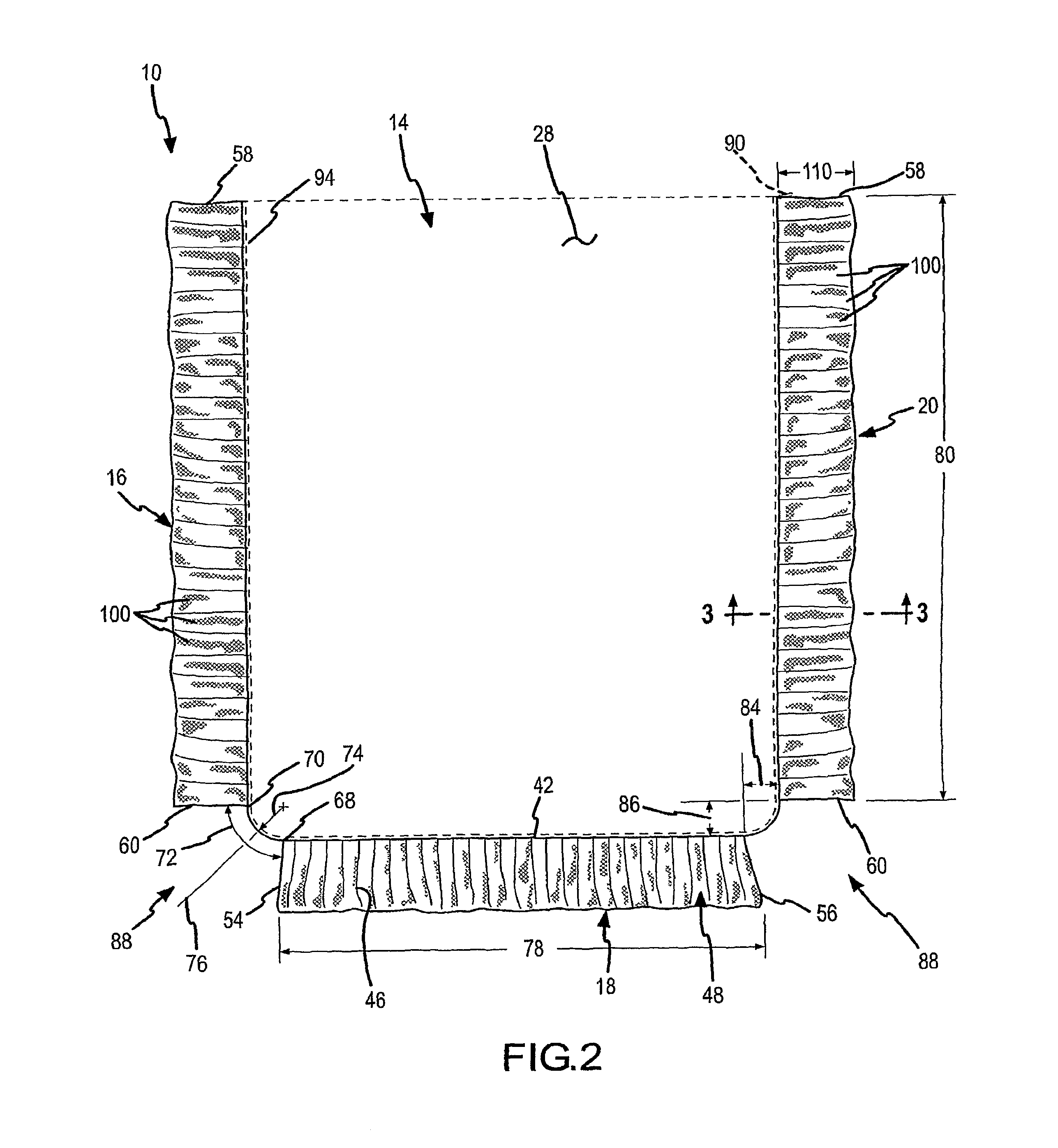 Under bed skirt support with fully separated corners and with layers that do not have to be equally lofted