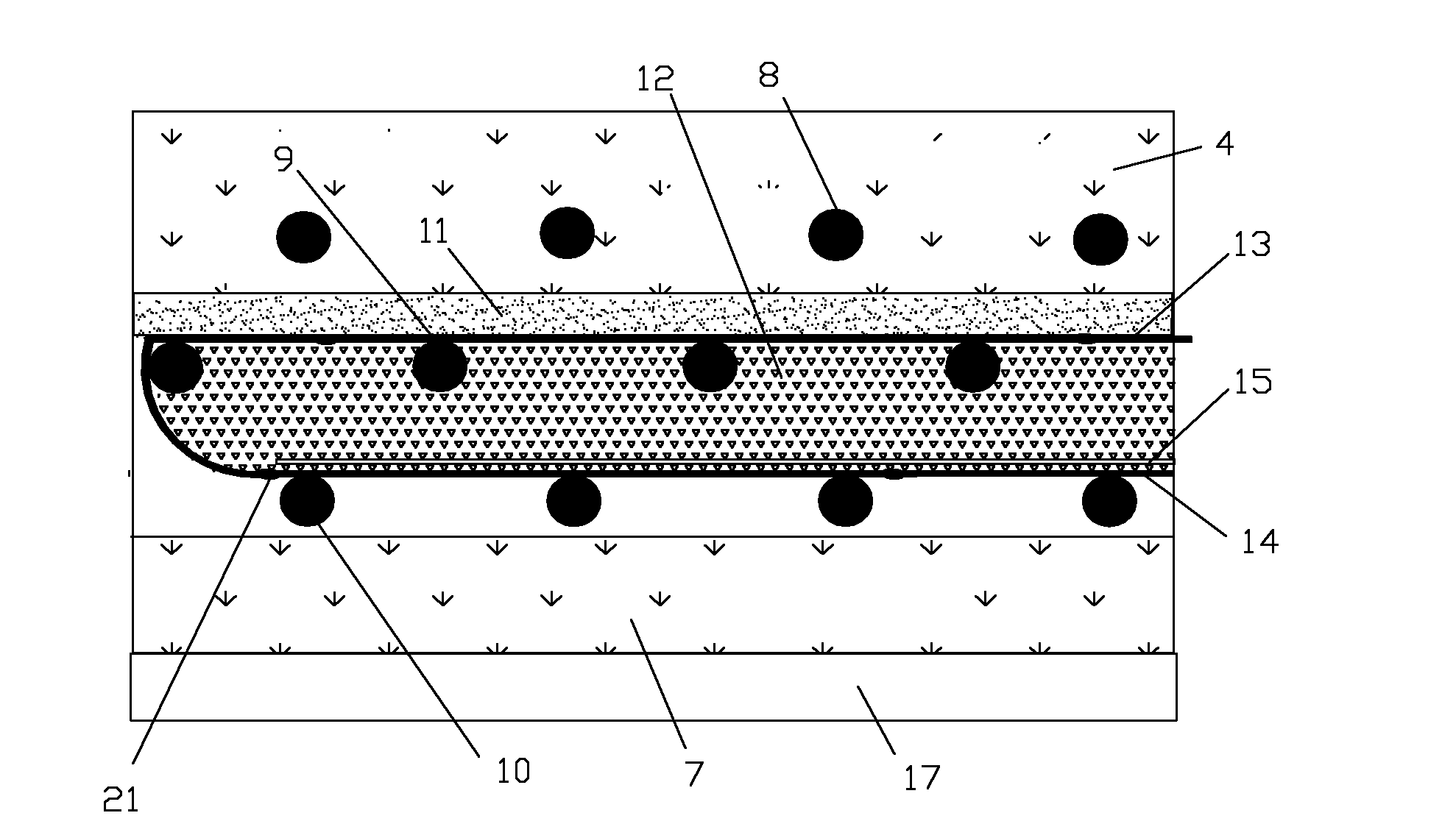 Structure of reinforced soil sewer supported by bored concrete piles of mini steel tubes