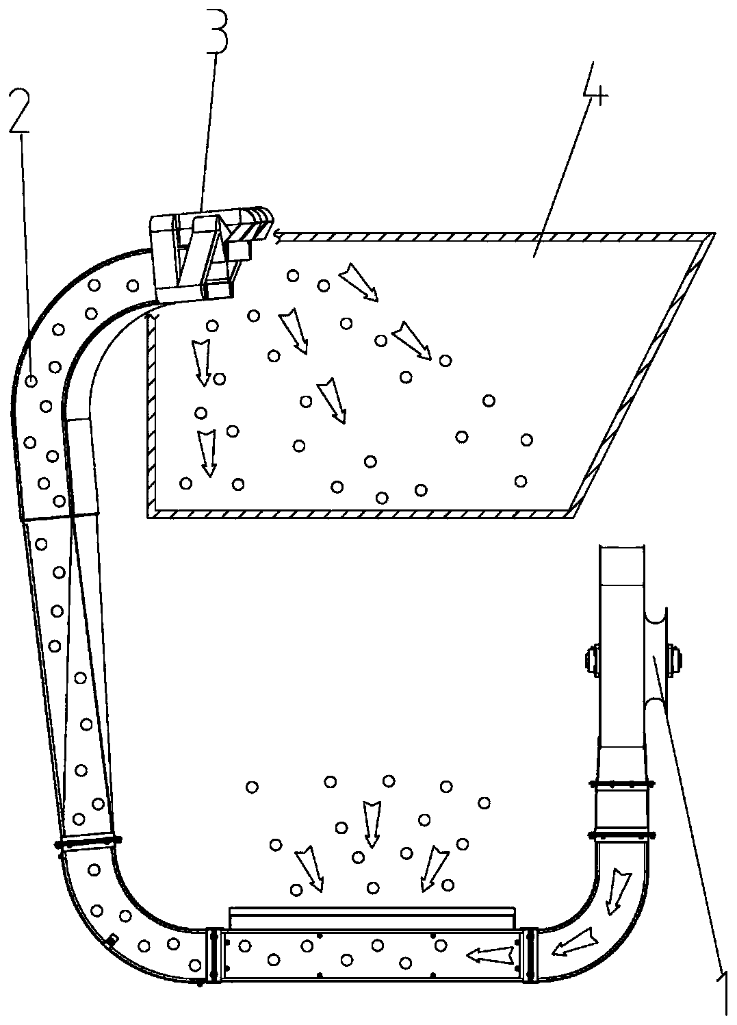 A conveying device that uses conveying airflow to control the process of material throwing