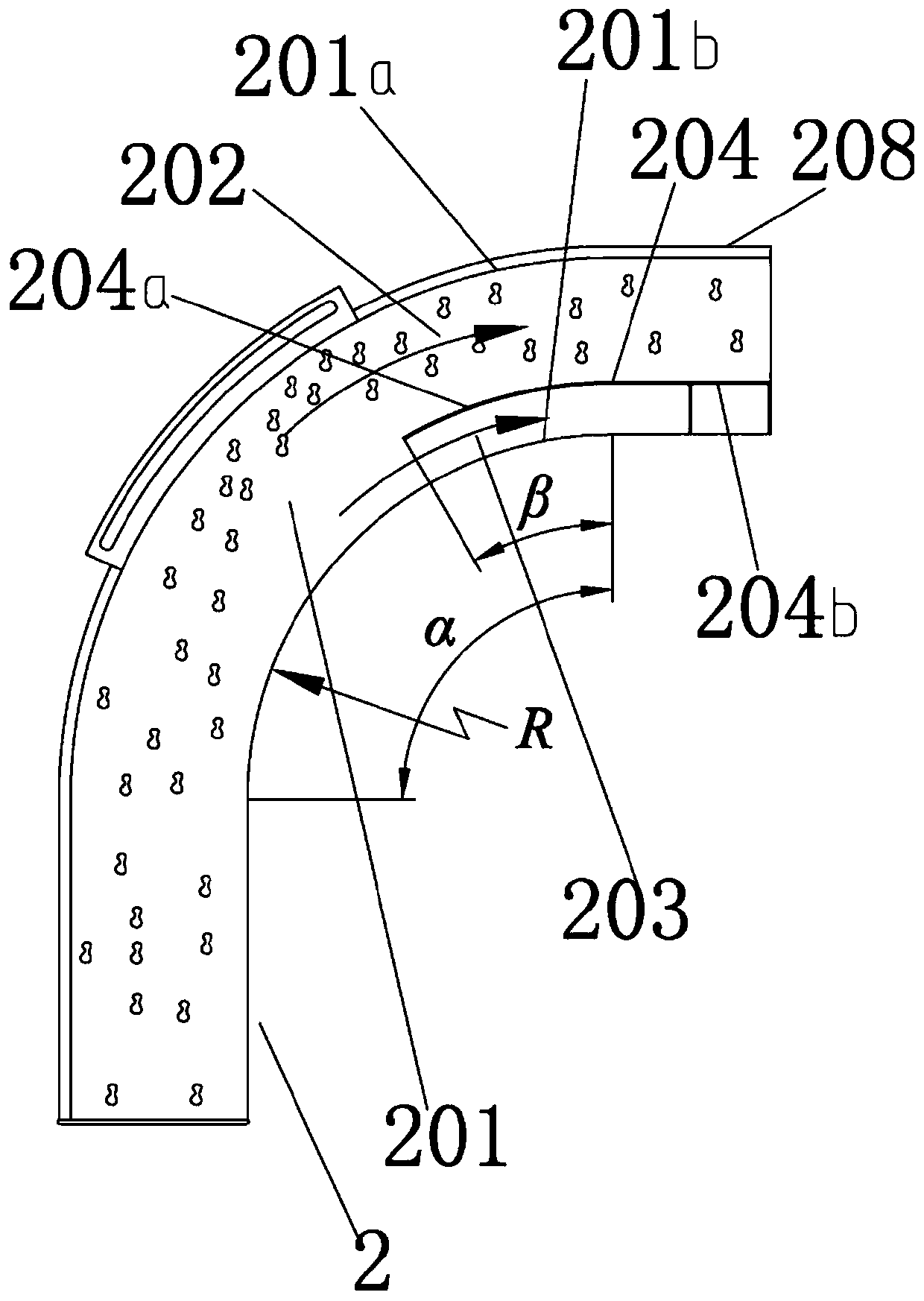 A conveying device that uses conveying airflow to control the process of material throwing