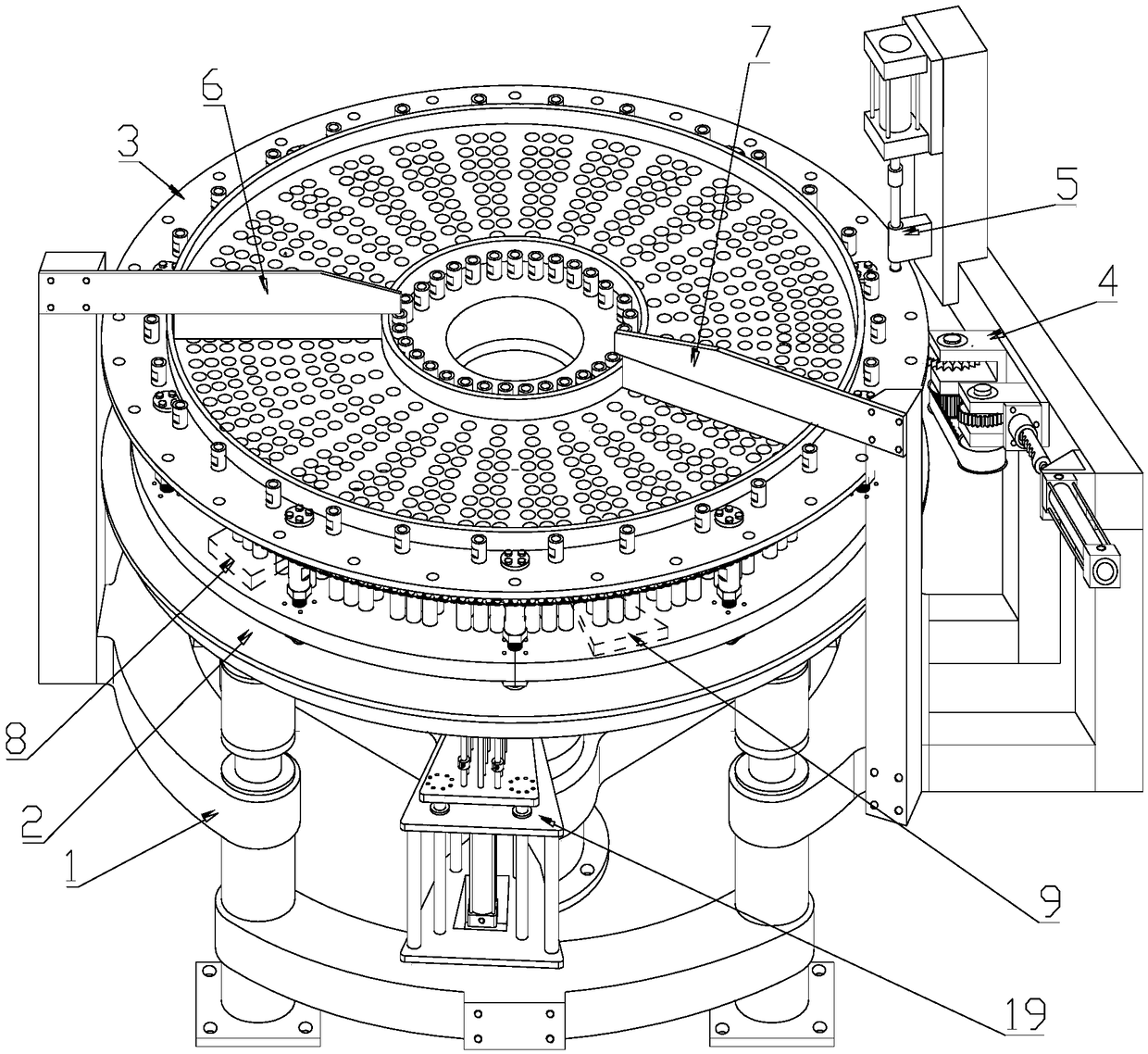 An indexing rotary disc type multi-station vibrating workbench for powdery explosive small drug coil charging machine