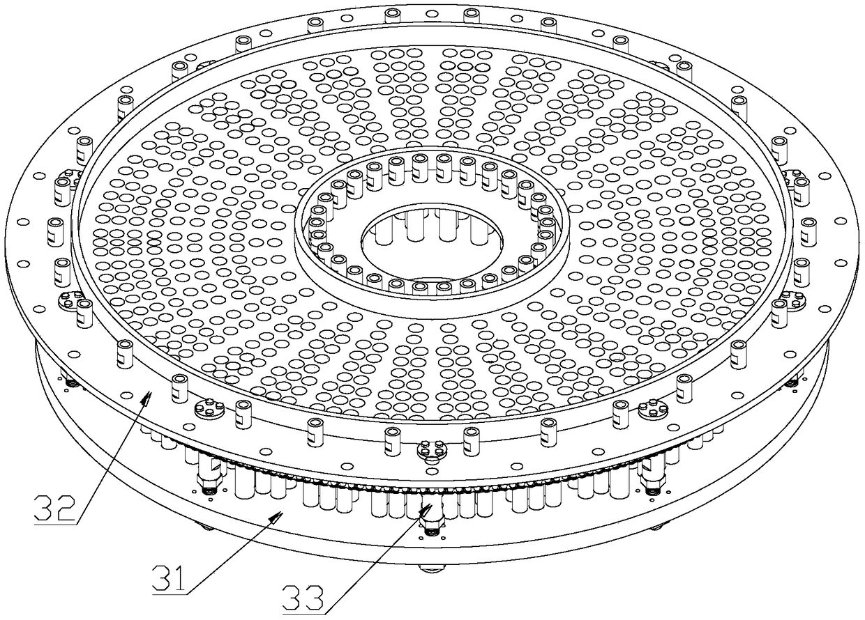 An indexing rotary disc type multi-station vibrating workbench for powdery explosive small drug coil charging machine