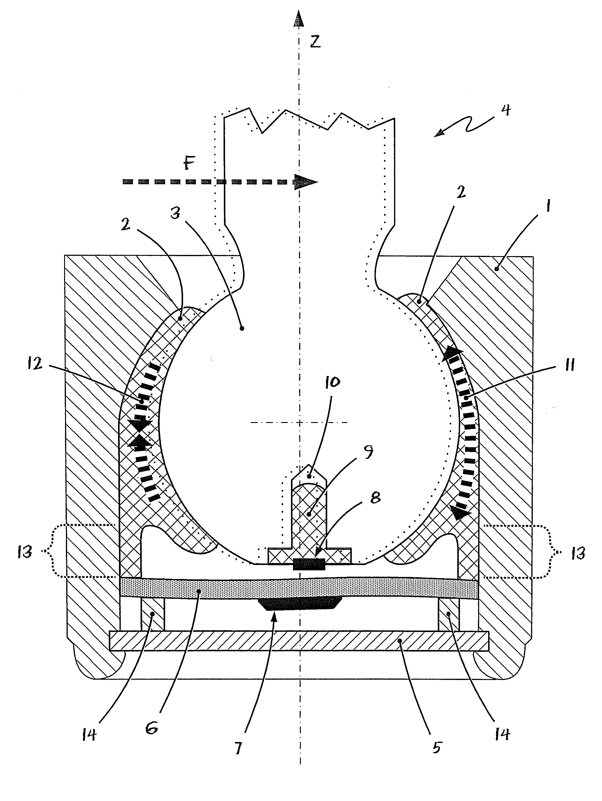 Ball and socket joint with sensor device and process for wear measurement