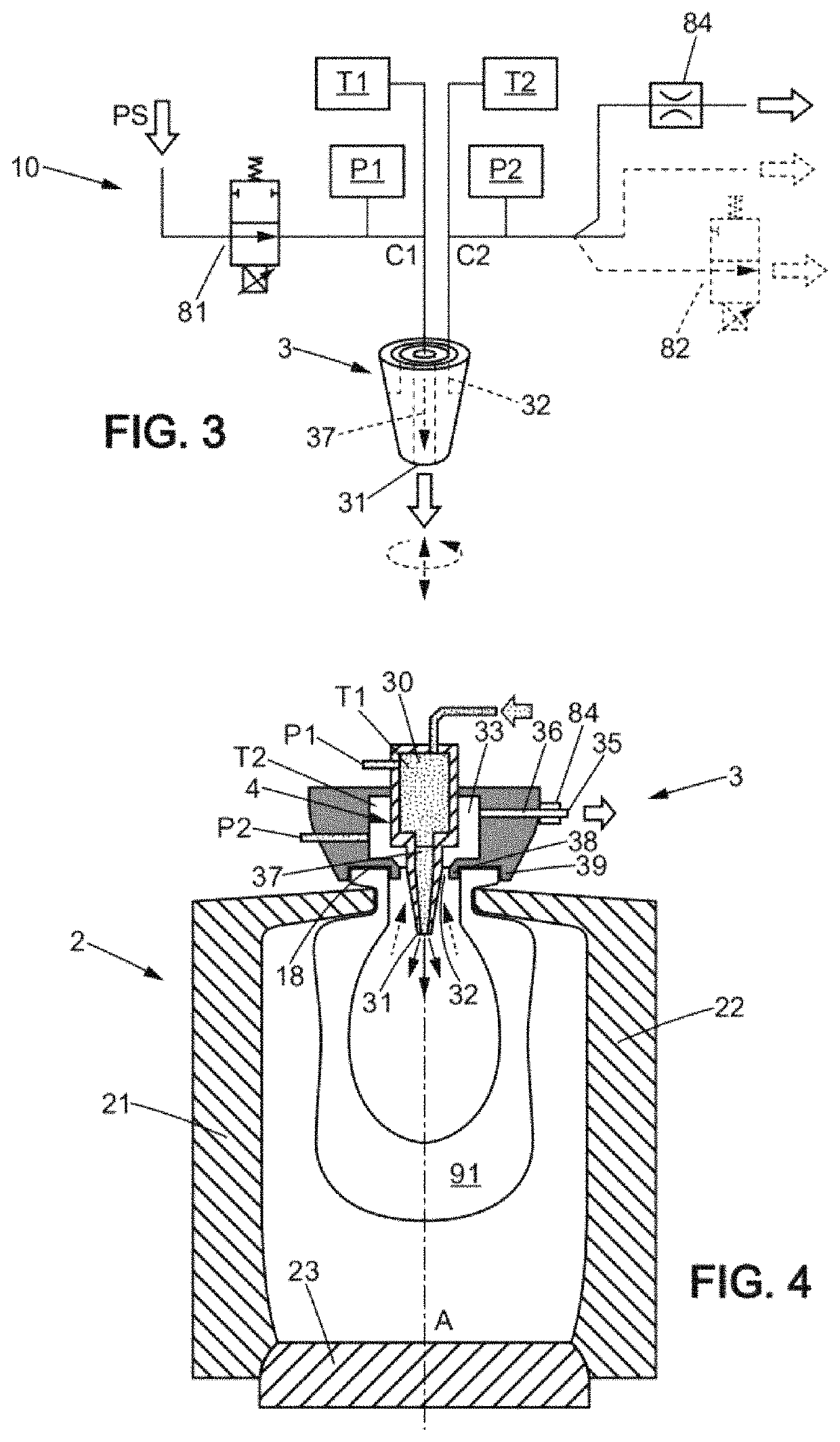 Device and method for manufacturing a hollow glass article by controlled blowing