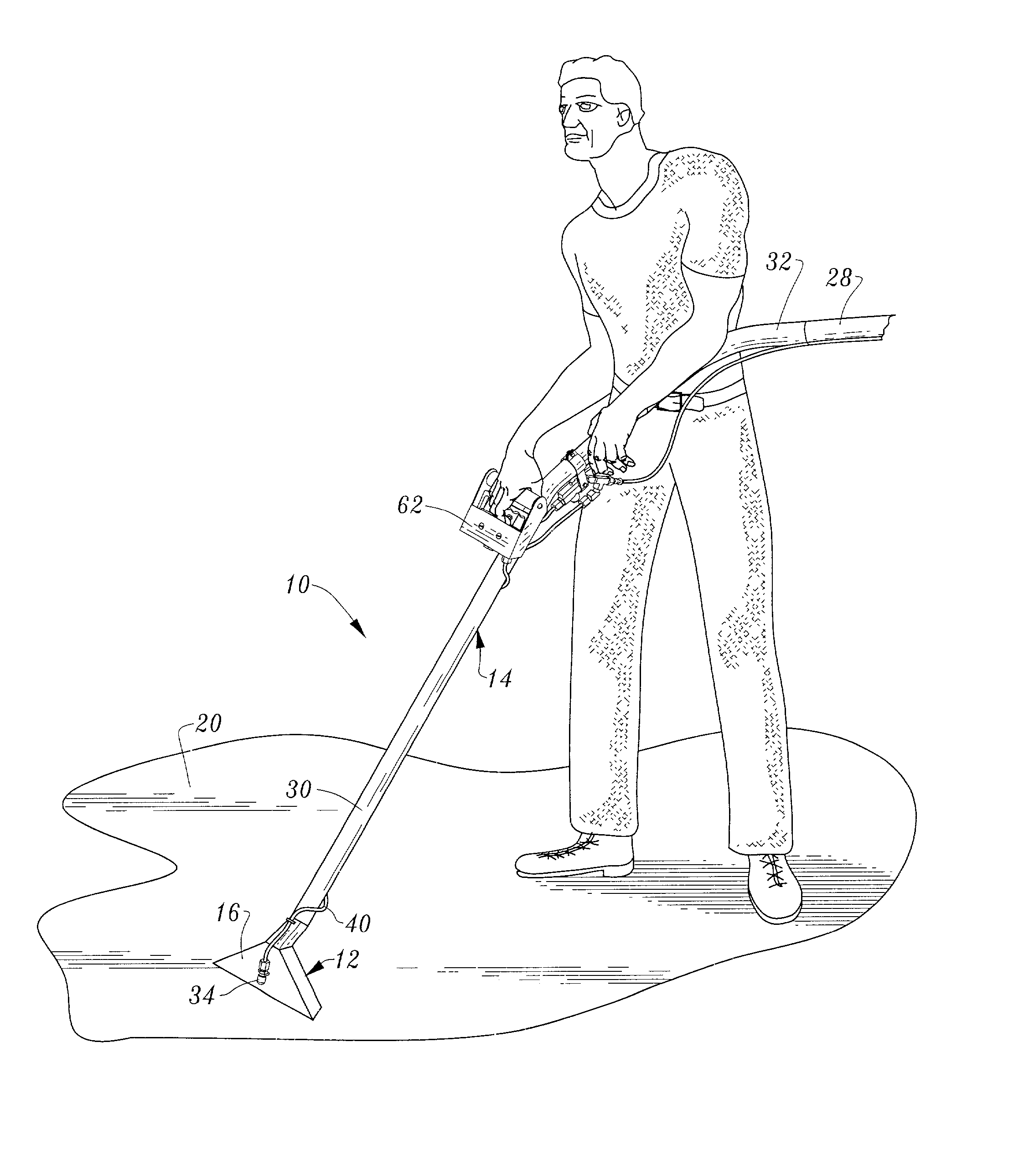 Carpet steam cleaning apparatus with control for directing spray at front or back of wand vacuum head