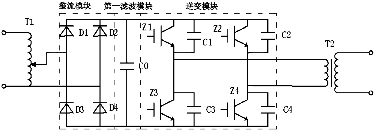 A crude oil electric dehydration device and method with a DC superimposed AC pulsed electric field