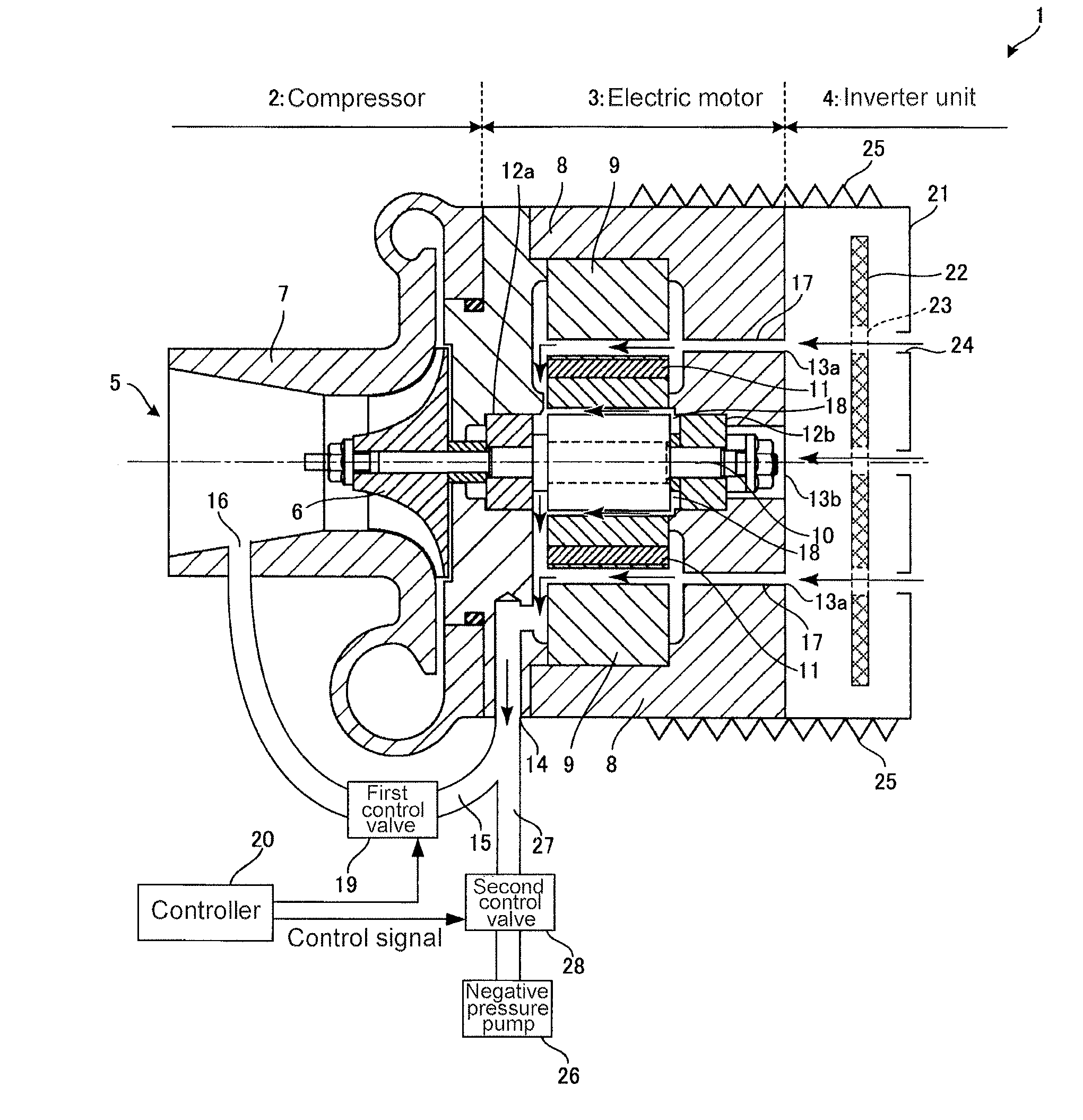 Electric supercharging device and multi-stage supercharging system