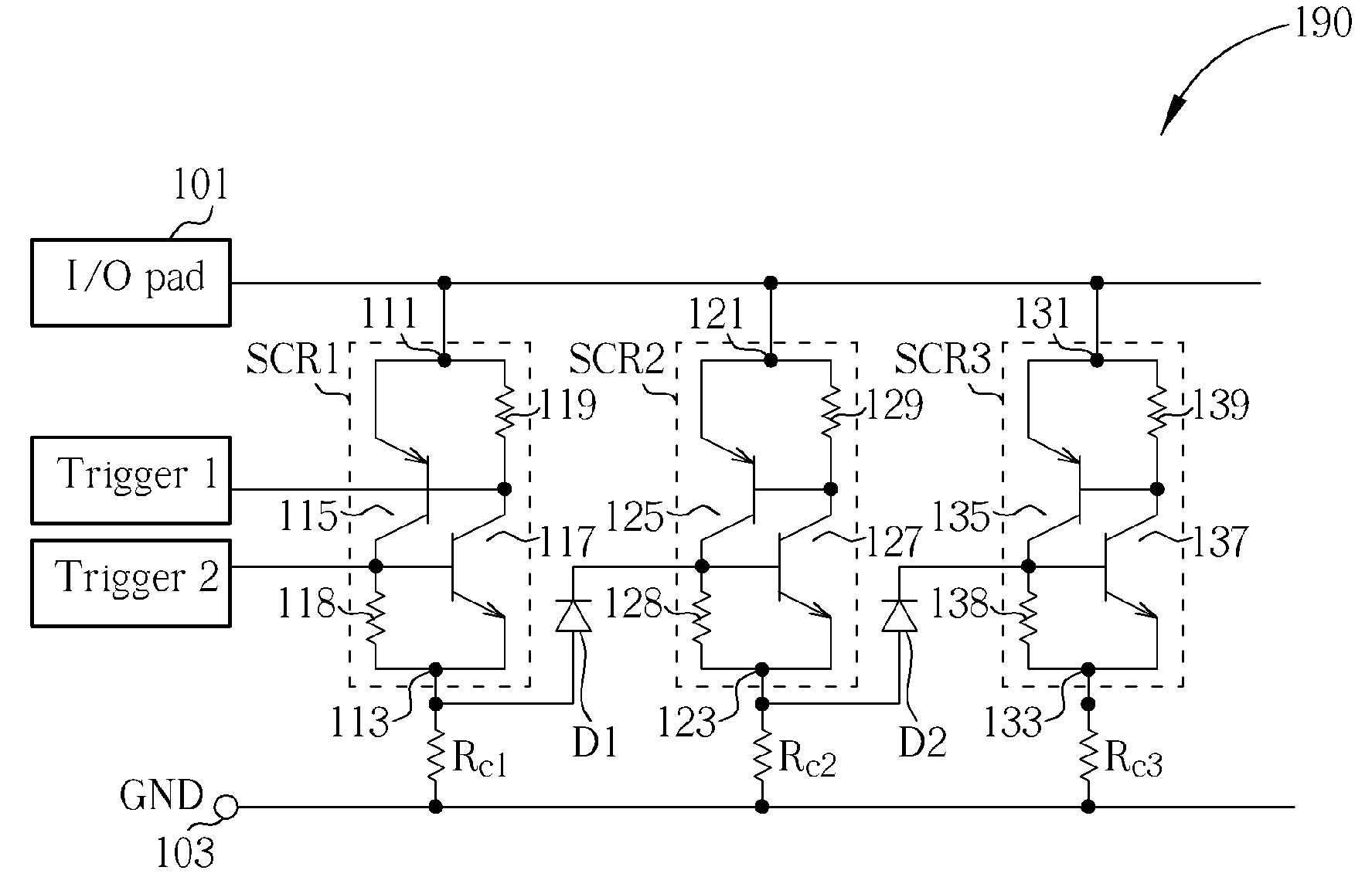 ESD protection circuitry with multi-finger scrs