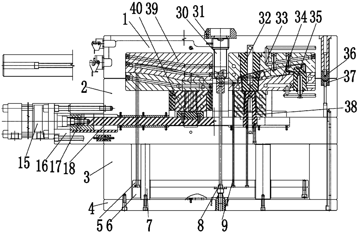 Injection mould with multi-row oil cylinders linked to drive hot runner