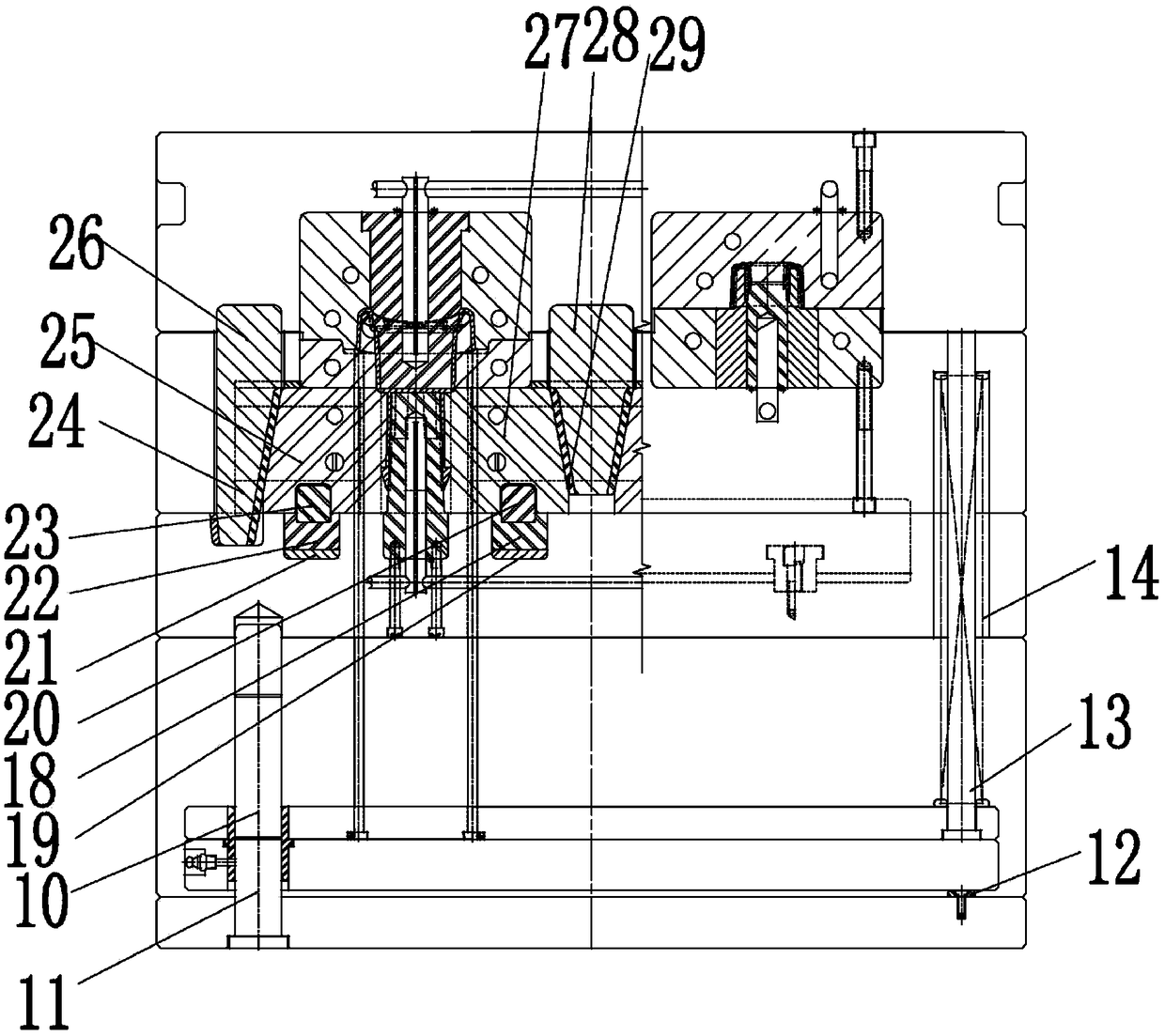 Injection mould with multi-row oil cylinders linked to drive hot runner