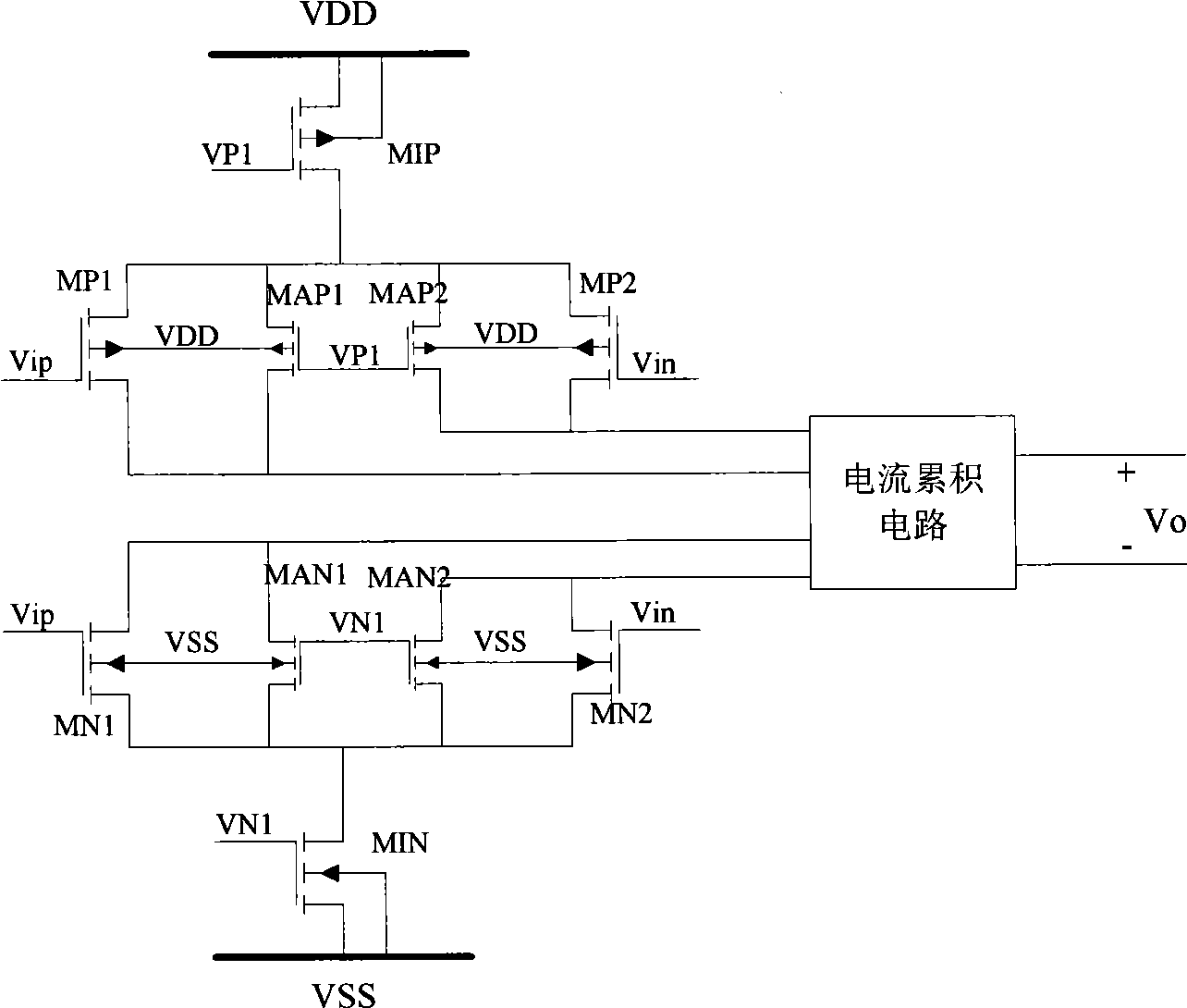 Low power supply voltage whole-differential rail-to-rail amplifying circuit