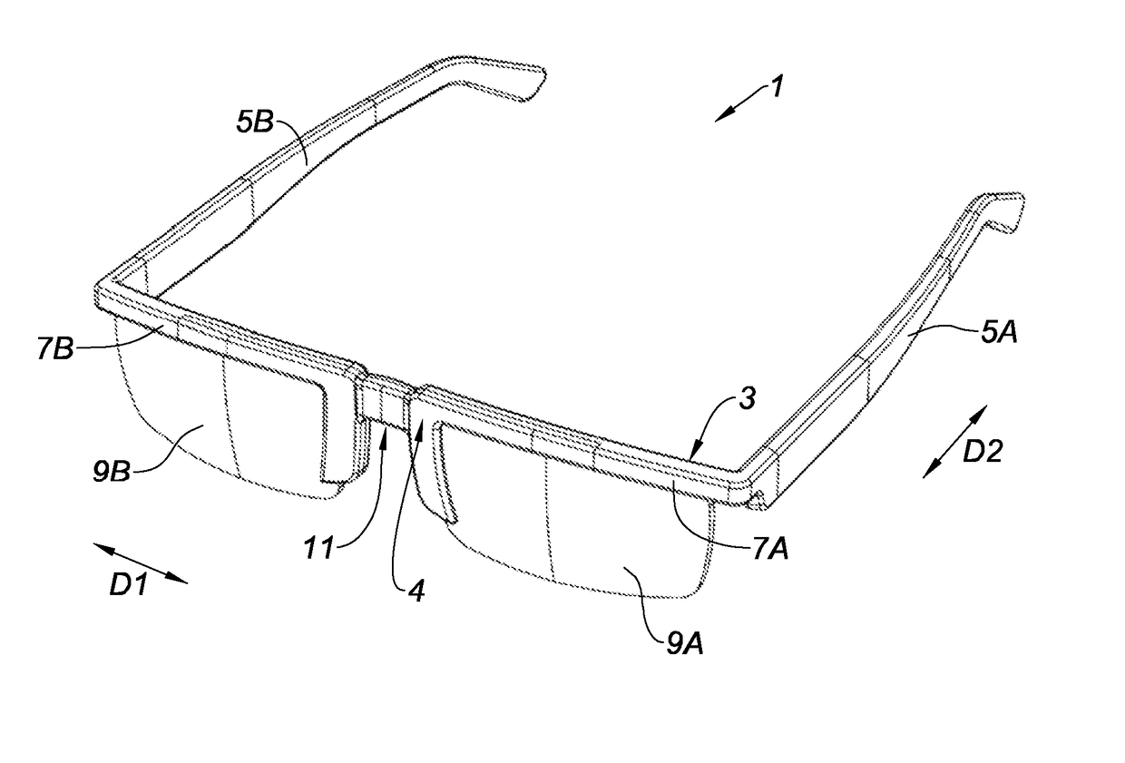 Pair of spectacles adjustable depending on the pupillary distance of an individual