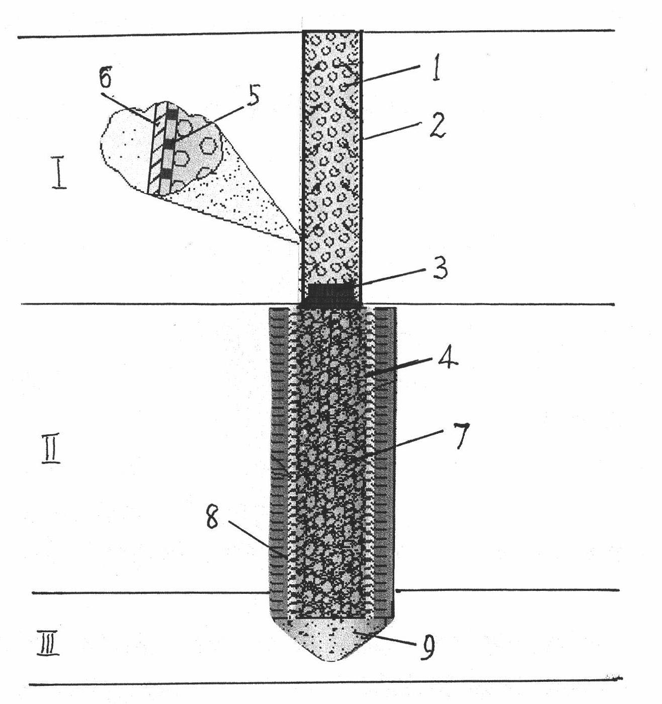 Variable diameter plastic sleeve mixed pile for reinforcing thick-covering and deep-burying soft soil layer and piling method