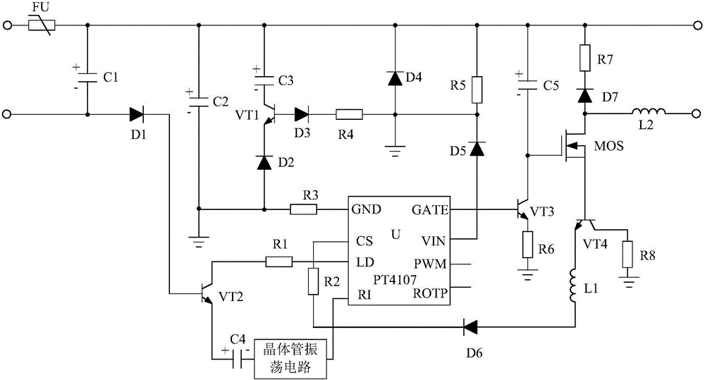 LED constant-current output drive system based on transistor oscillating circuit
