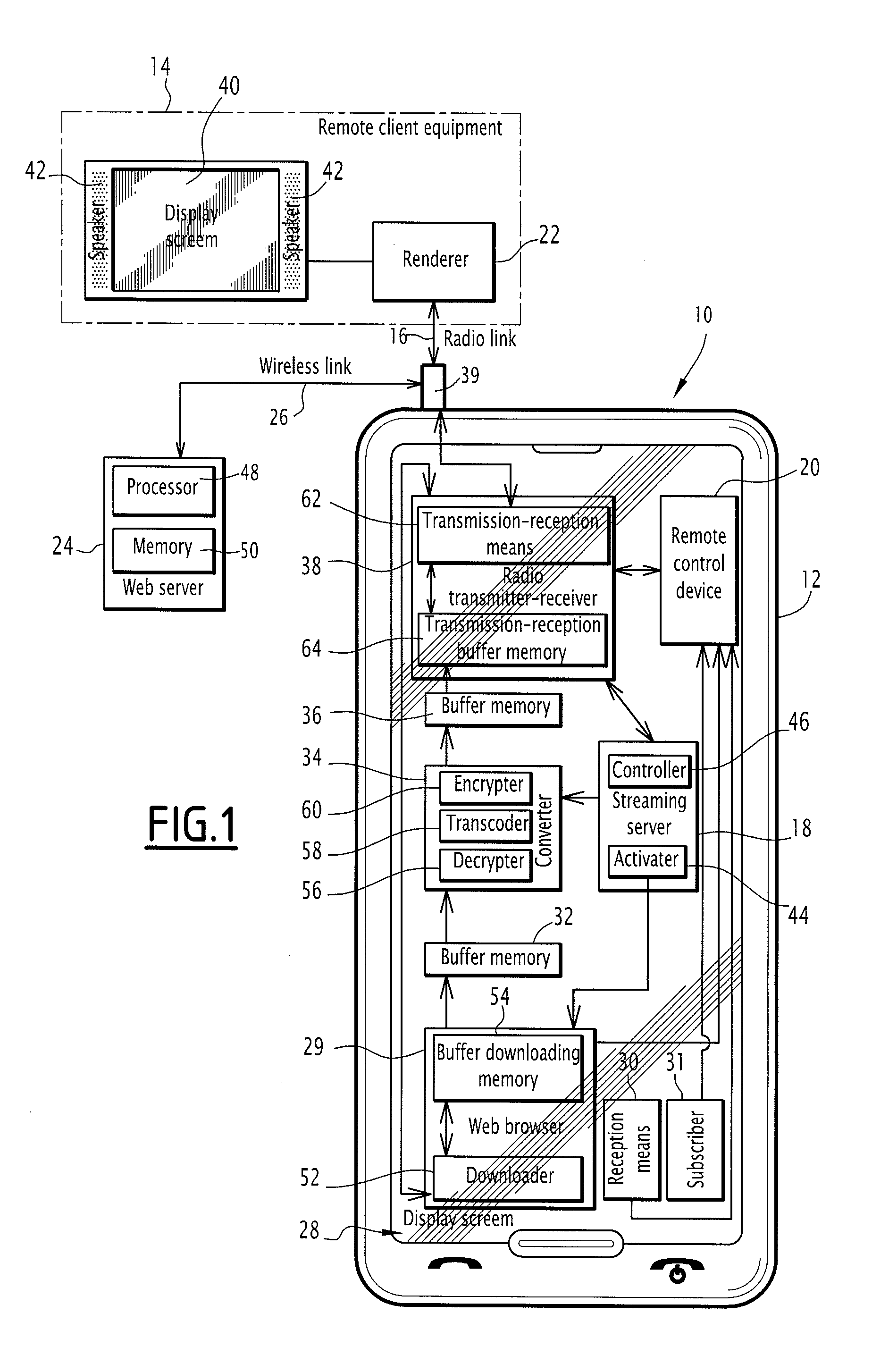 Mobile phone comprising a streaming server with activation means for activating downloading of a file for streaming thereof