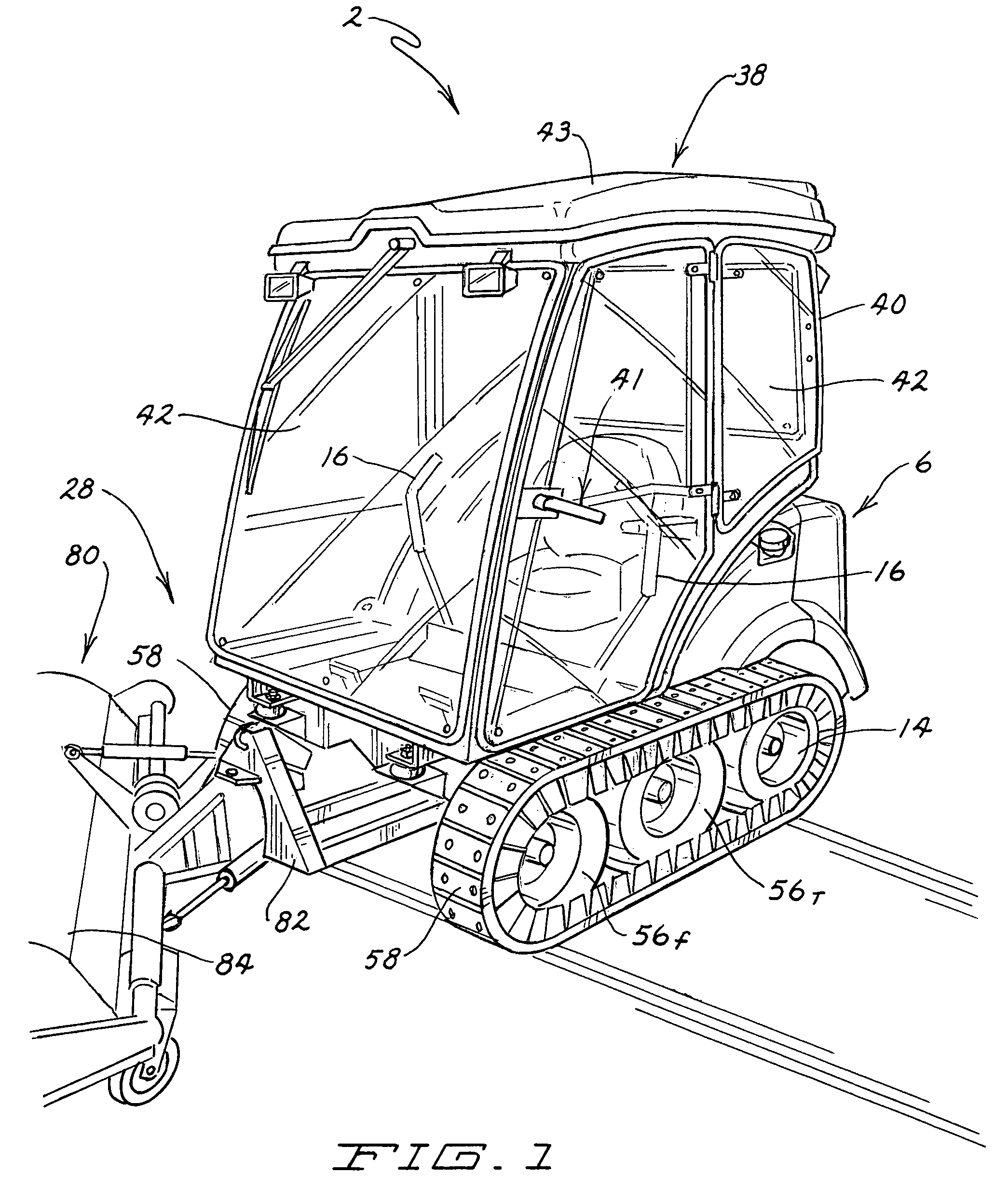 Tracked implement with pivotal front and trailing idlers and powered rear drive member