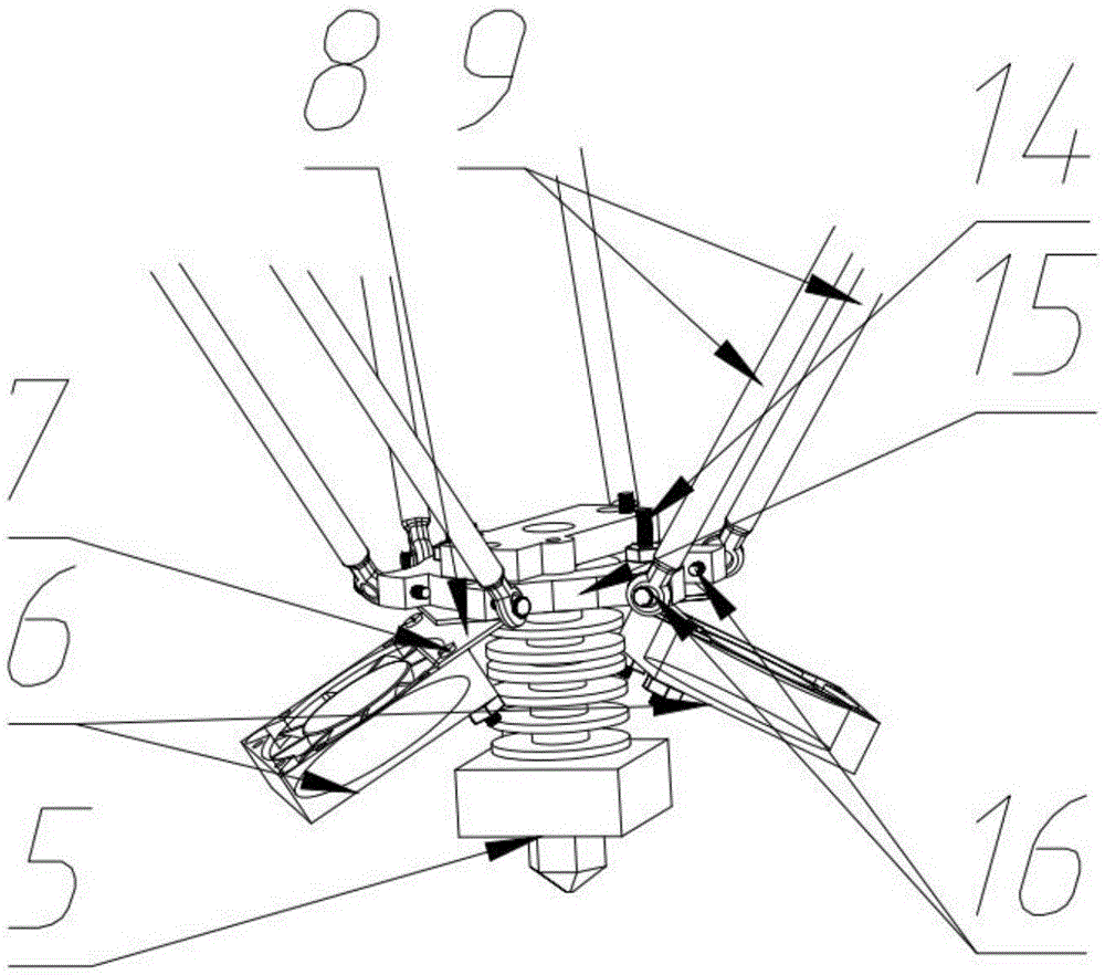Five-axis linkage 3 D printer mechanism