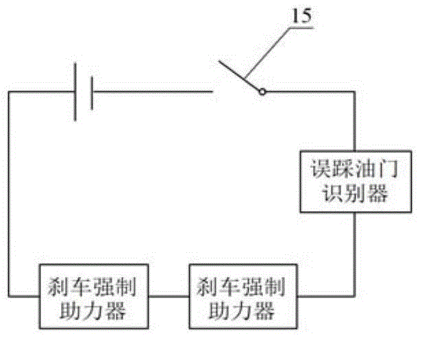 Device capable of realizing forced complete braking and manual resetting after driver steps on accelerator by mistake during emergency braking