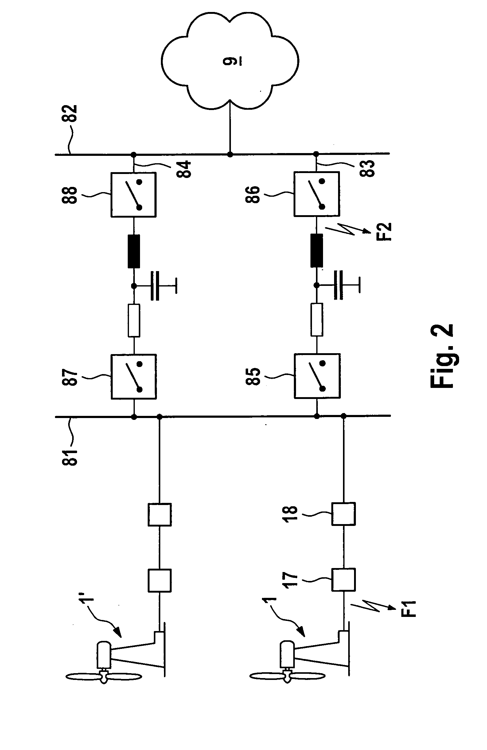 Wind turbines having control for network faults and operating method thereof