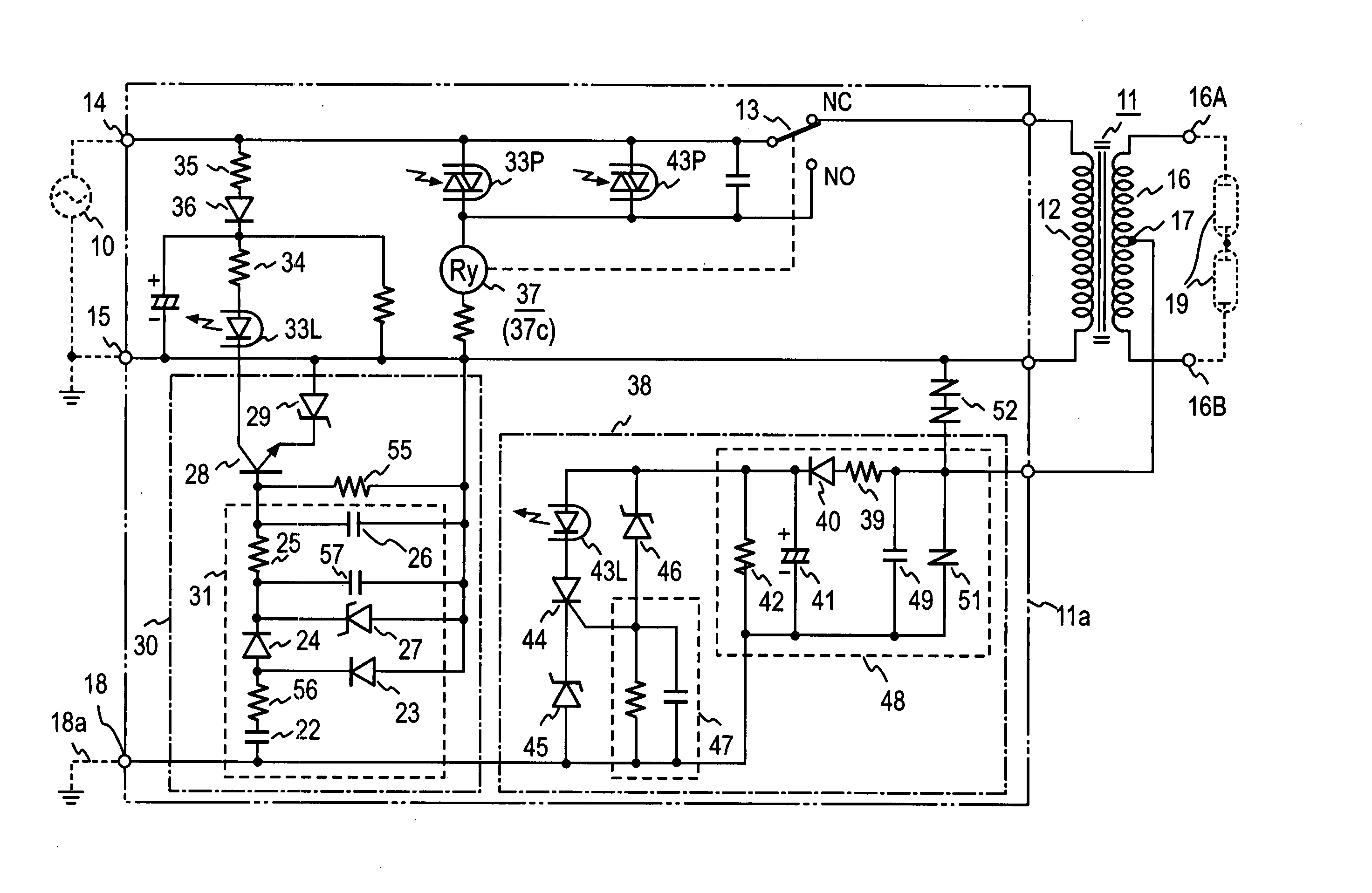 Discharge tube lighting transformer with protective circuit against non-grounding of ground terminal