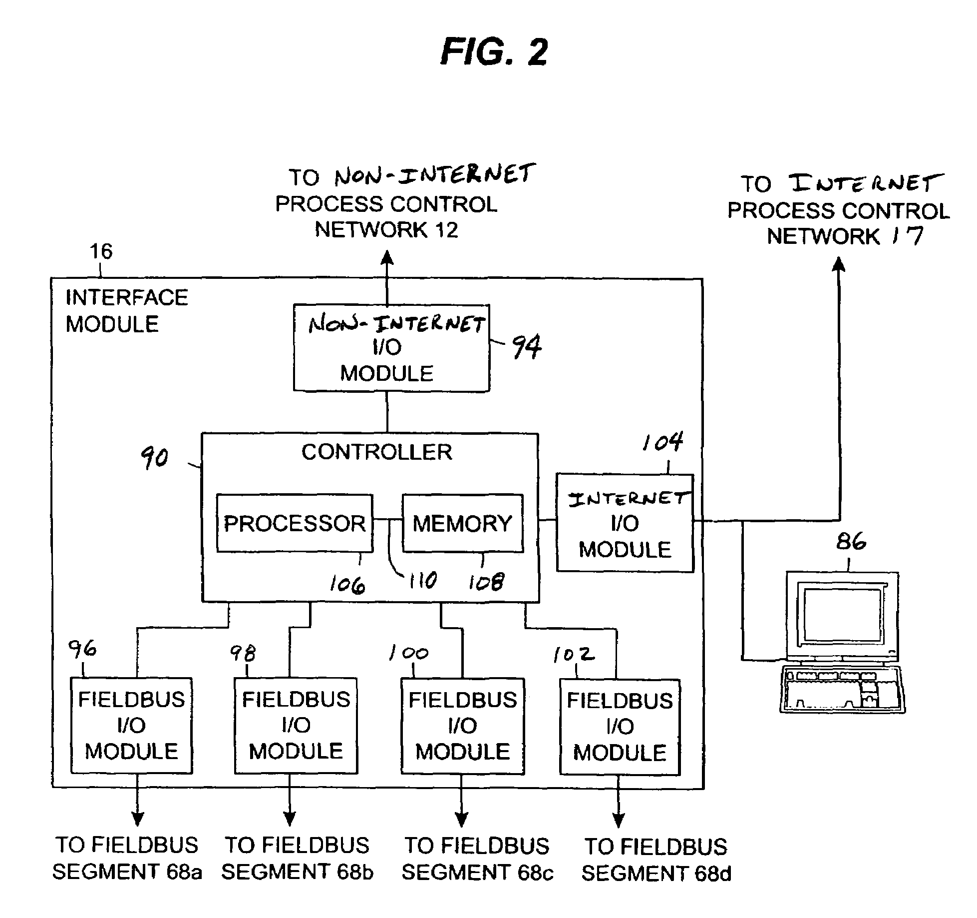 Interface module for use with a fieldbus device network and with internet and non-internet based process control networks