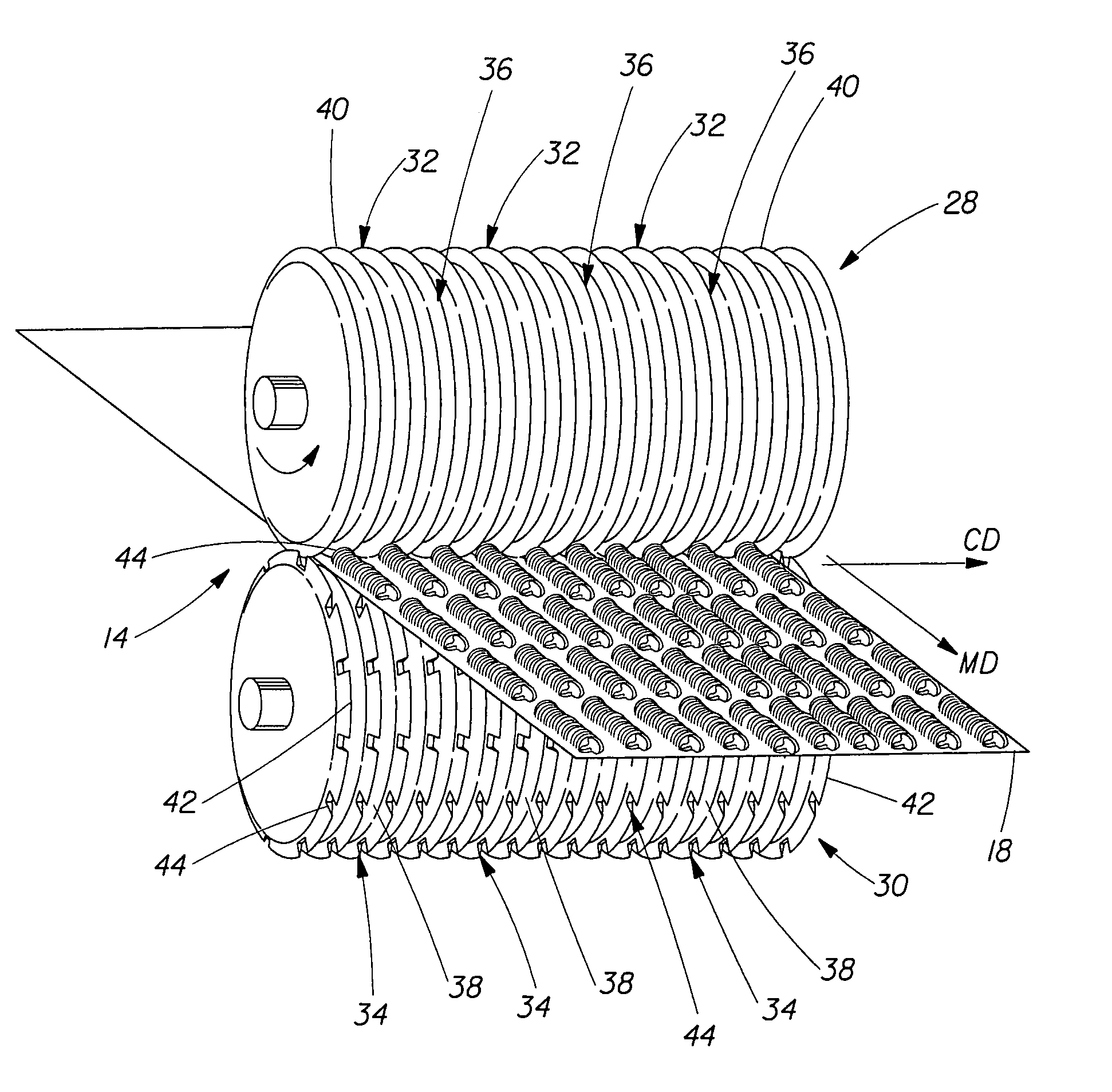 Apparatus and process for producing a web substrate having indicia disposed thereon and elastic-like behavior imparted thereto
