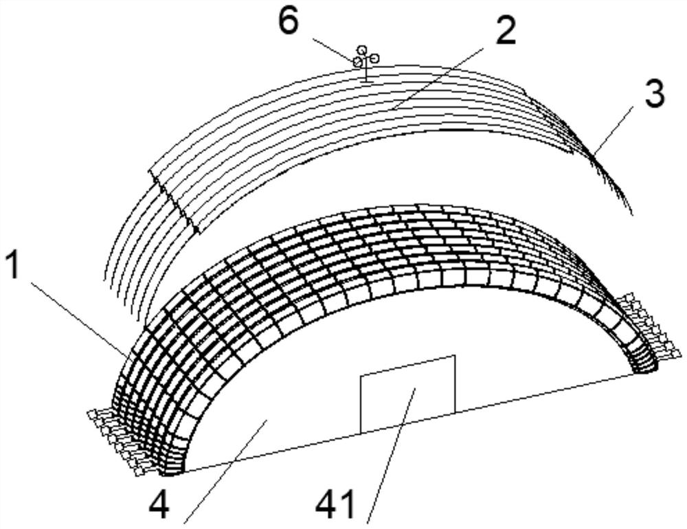 Ultra-large-span closed stock bin based on independent air rib type membrane structure