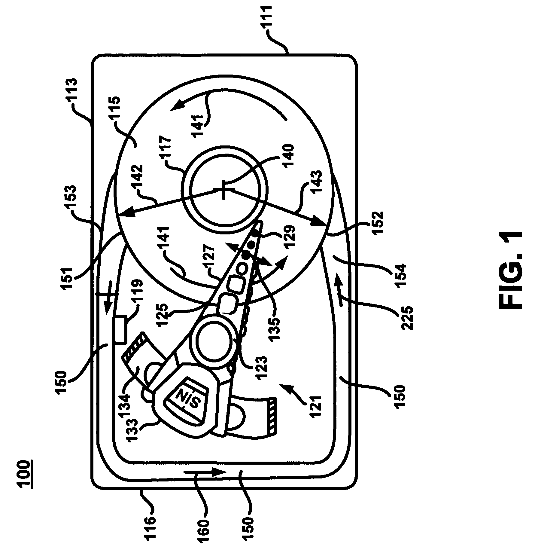 Spoiler and method for using the spoiler having a perforation there through for reducing particle accumulation in a hard disk drive