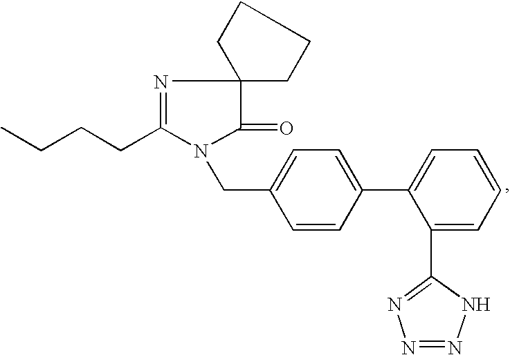Compounds containing S-N-valeryl-N-{[2′-(1H-tetrazole-5-yl)-biphenyl-4-yl]-methyl}-valine and (2R,4S)-5-biphenyl-4-yl-4-(3-carboxy-propionylamino)-2-methyl-pentanoic acid ethyl ester moieties and cations
