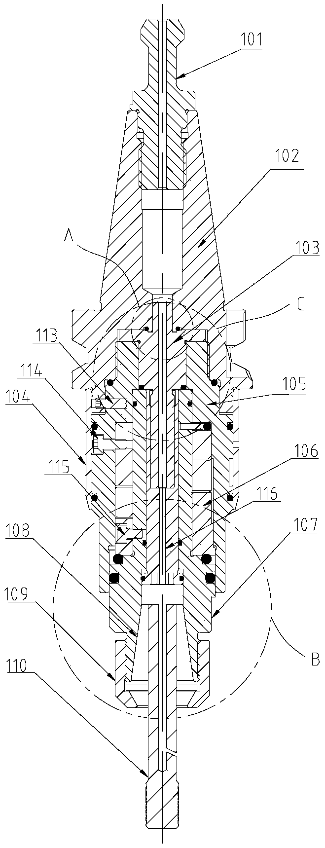 Sealing structure of central water-cooled micro-compensation tapping shank