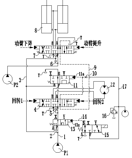 Hydraulic circuit controlling preferred movement of moveable arm to lift or rotate