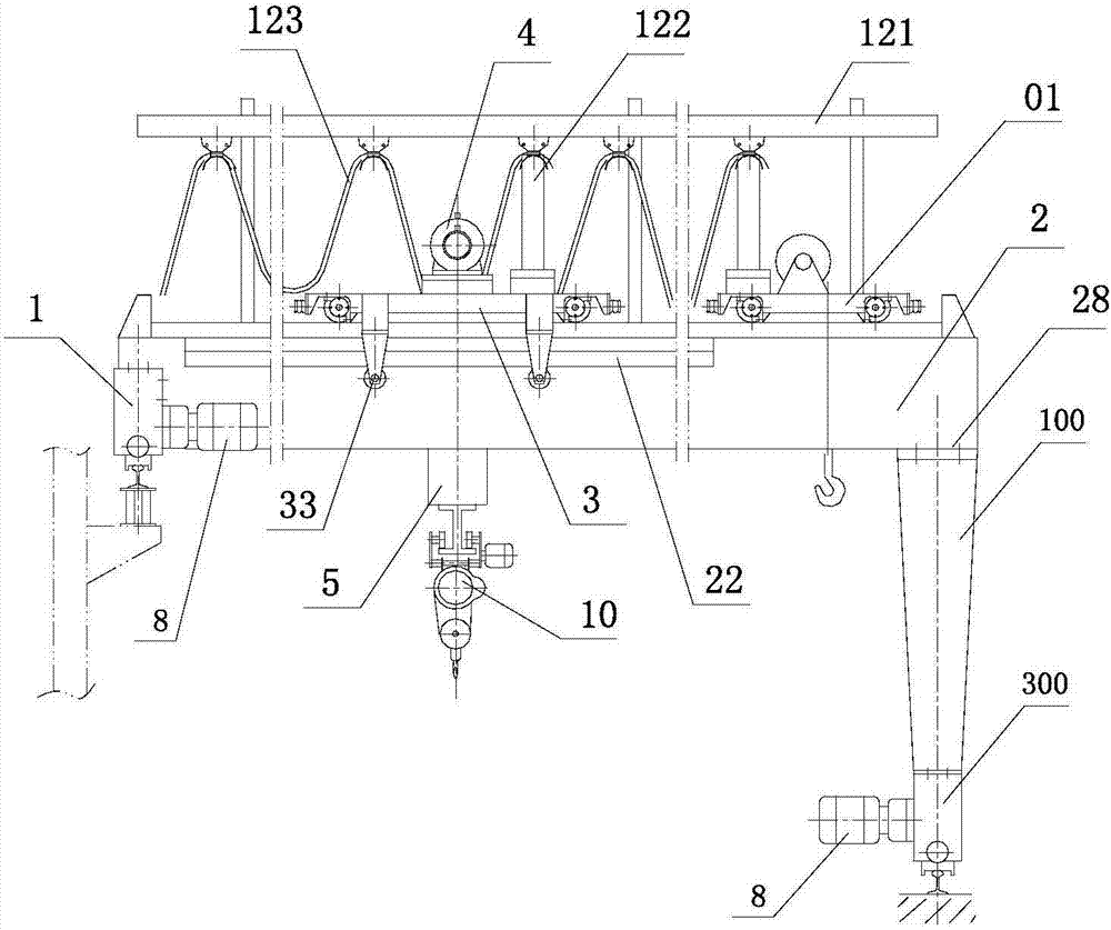 Semi-portal-frame bridge type cantilever crane with lifting trolley and balance end beam