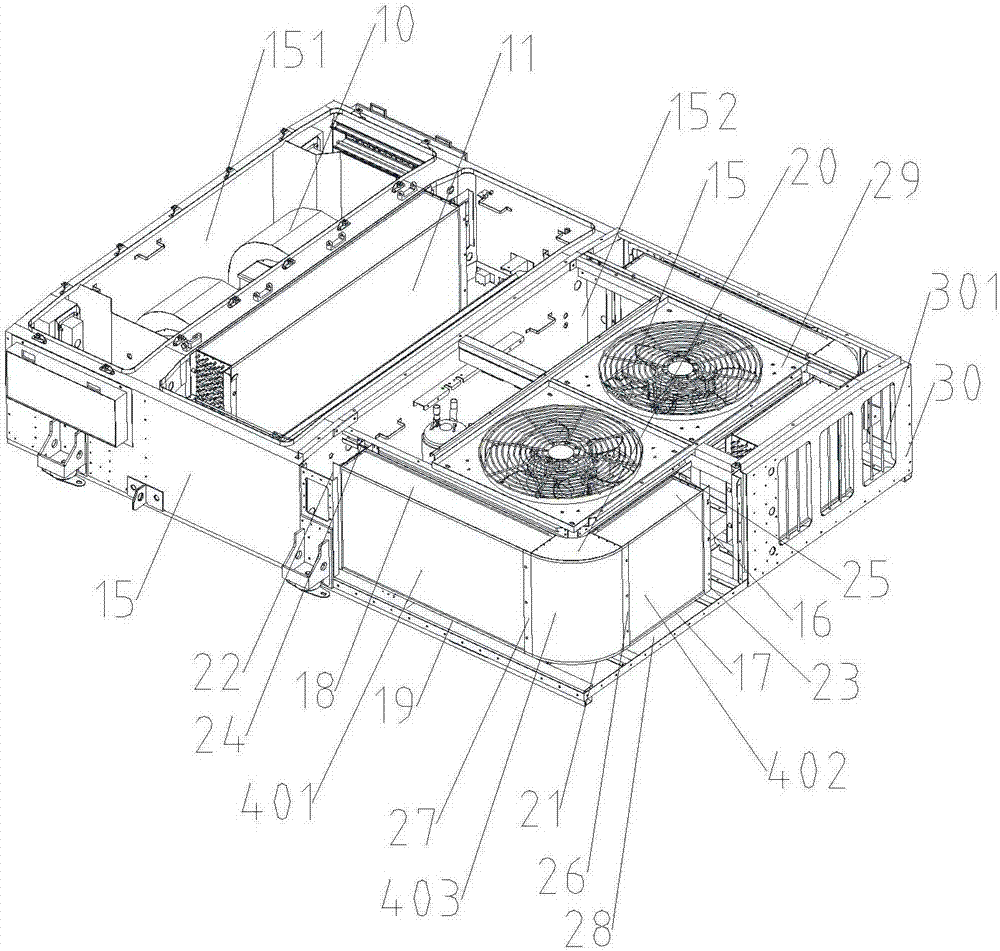 Rail vehicle air conditioning unit using L-shaped condensers