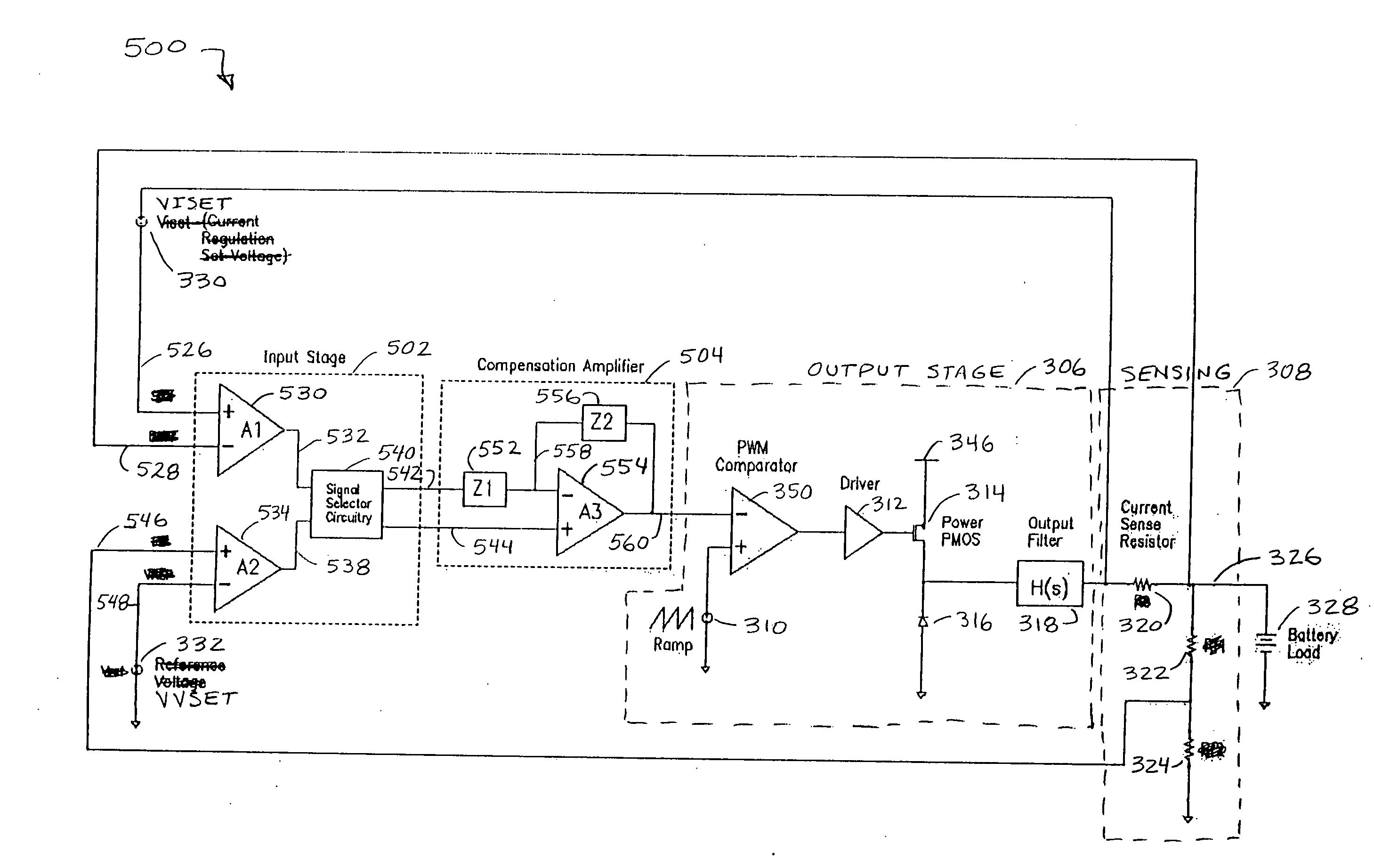 Area-efficient compensation circuit and method for voltage mode switching battery charger