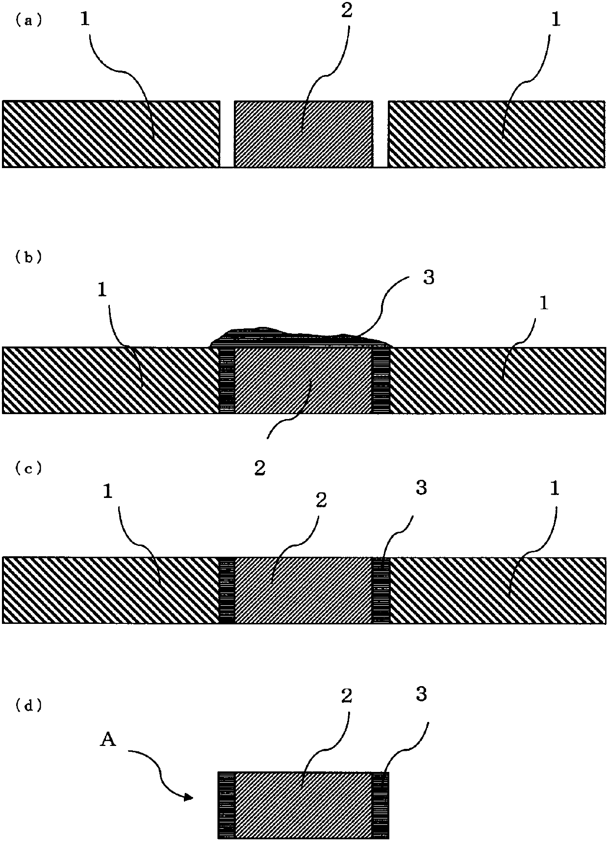 Heat dissipation material adhering composition, heat dissipation material having adhesive, inlay substrate, and method for manufacturing same