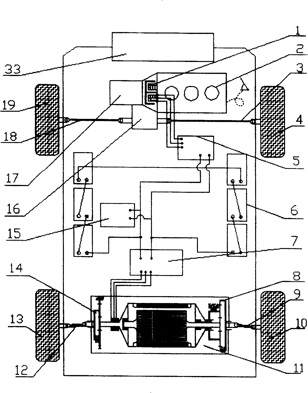 Multiple axle driving system for oil-electricity mixed power automobile and method for improving turning radius of automobile by using the system