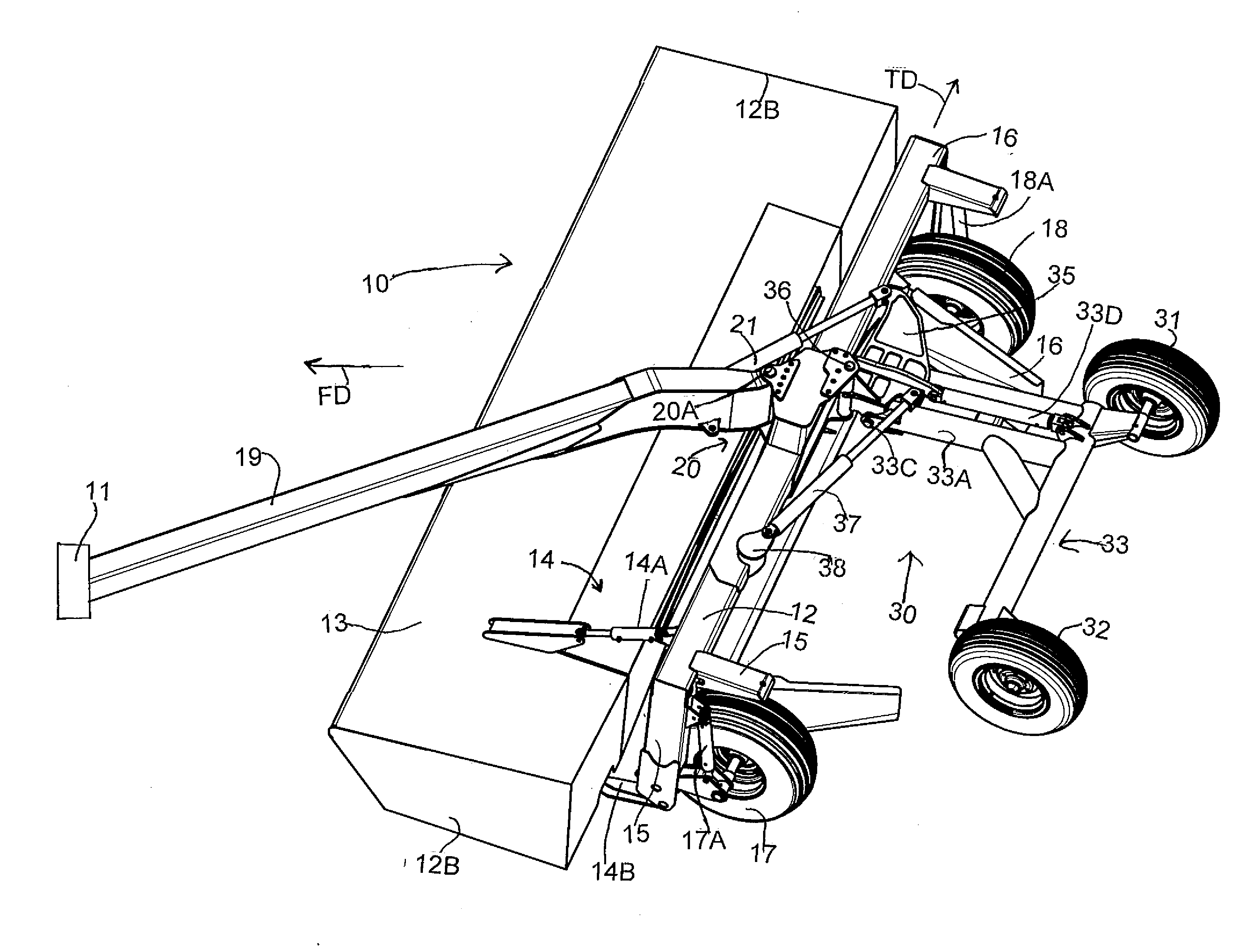 Pull-type crop harvesting machine transport system where the machine remains balanced on transport wheels and the hitch as the transport system is deployed