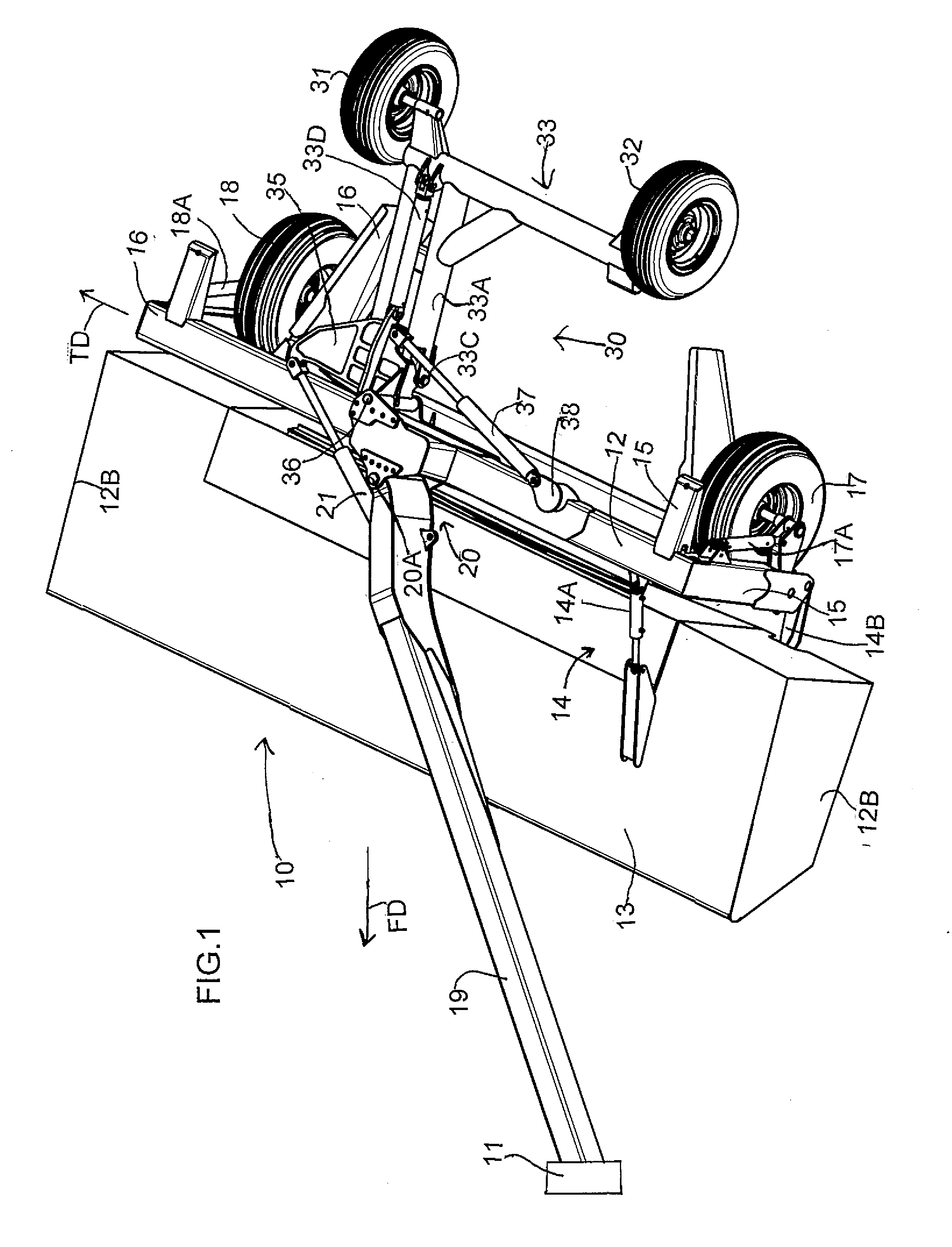 Pull-type crop harvesting machine transport system where the machine remains balanced on transport wheels and the hitch as the transport system is deployed